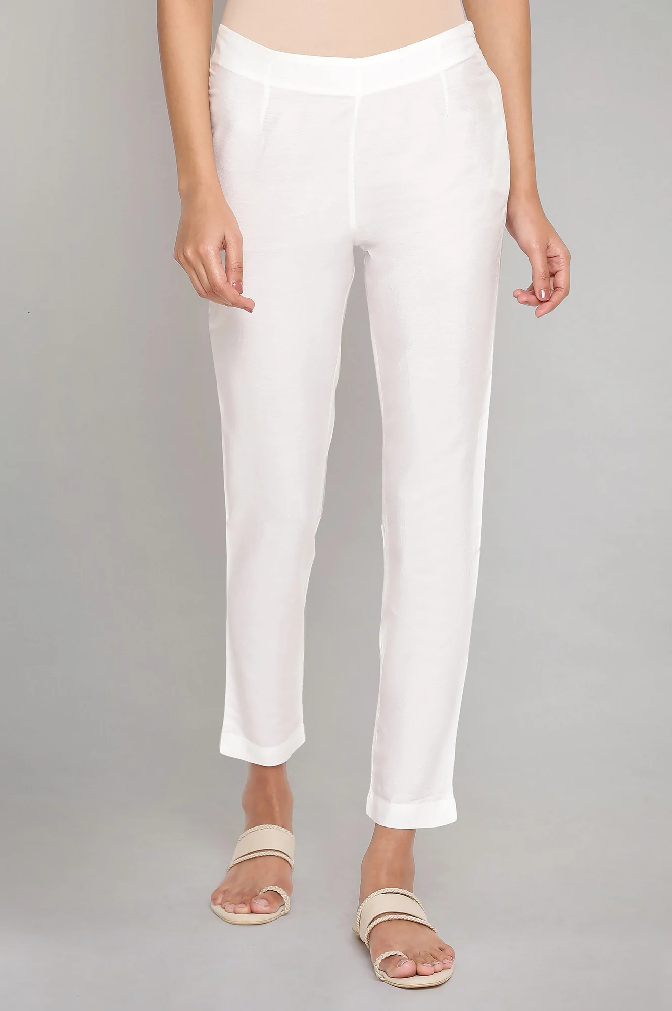 White Solid Plain Straight Cotton Slim Pant