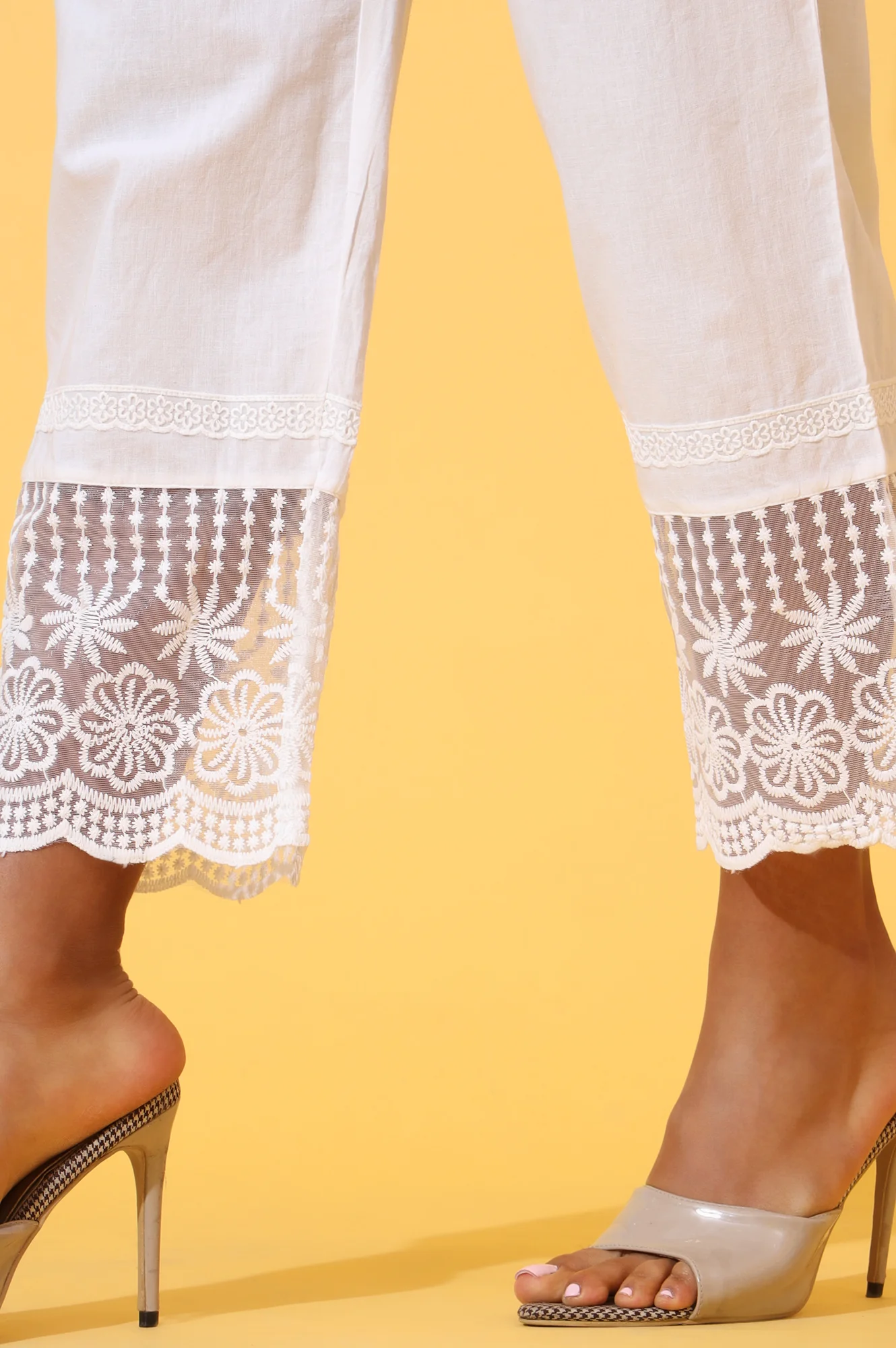 White Solid Pure Cotton Schiffli Embroidered Palazzo Pants - Image 7