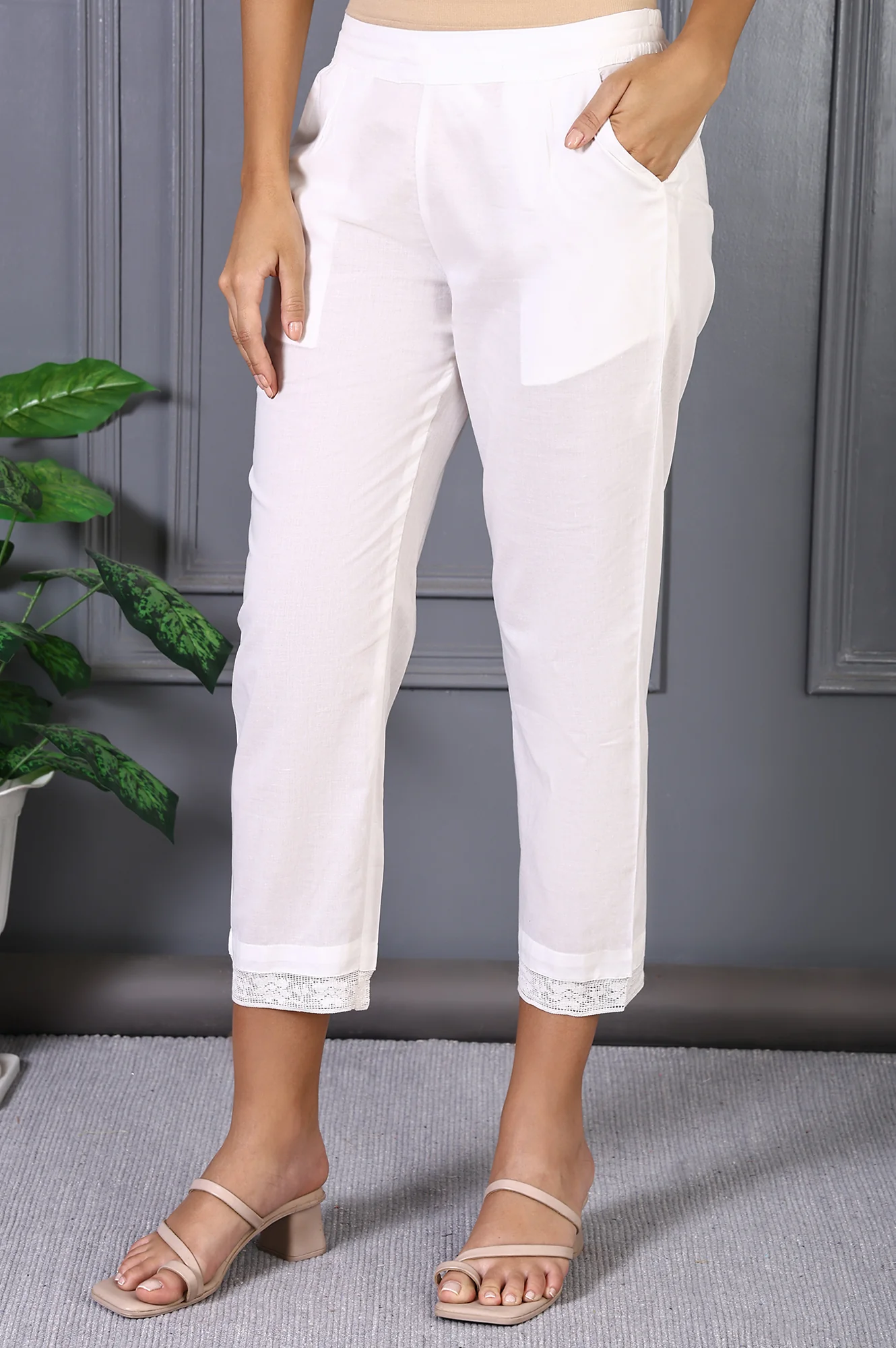 White Solid Pure Cotton Slim Pants with Lace - Image 2