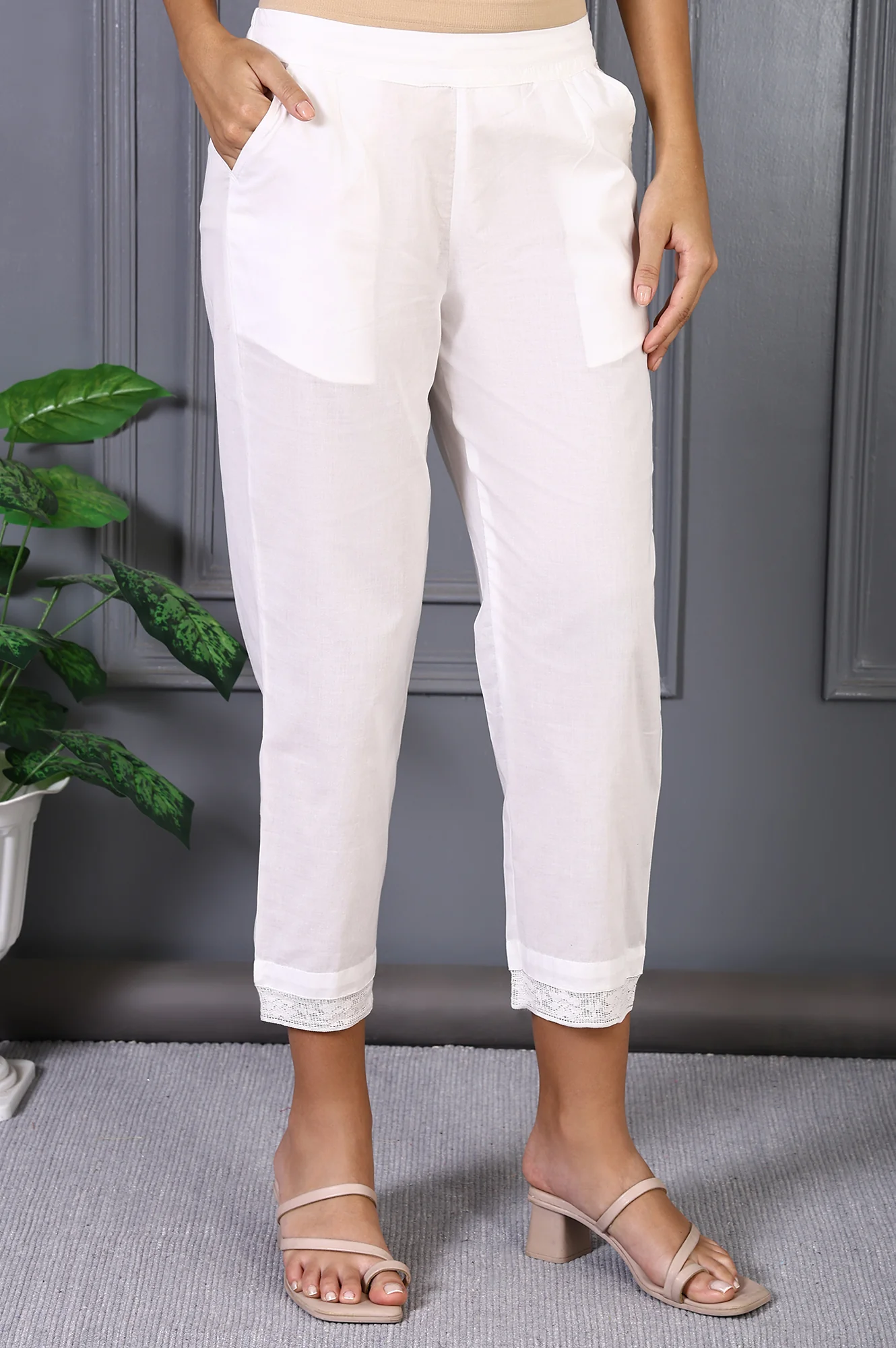 White Solid Pure Cotton Slim Pants with Lace - Image 3