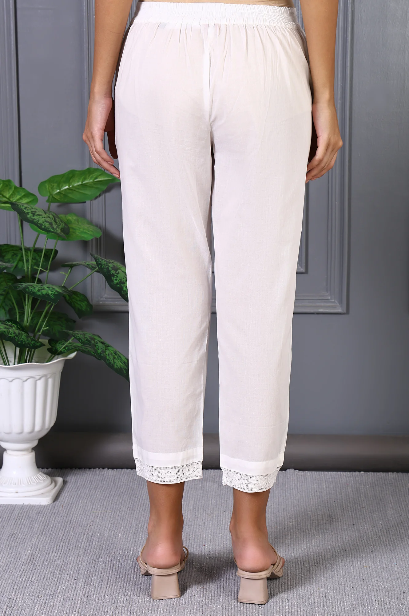 White Solid Pure Cotton Slim Pants with Lace - Image 4