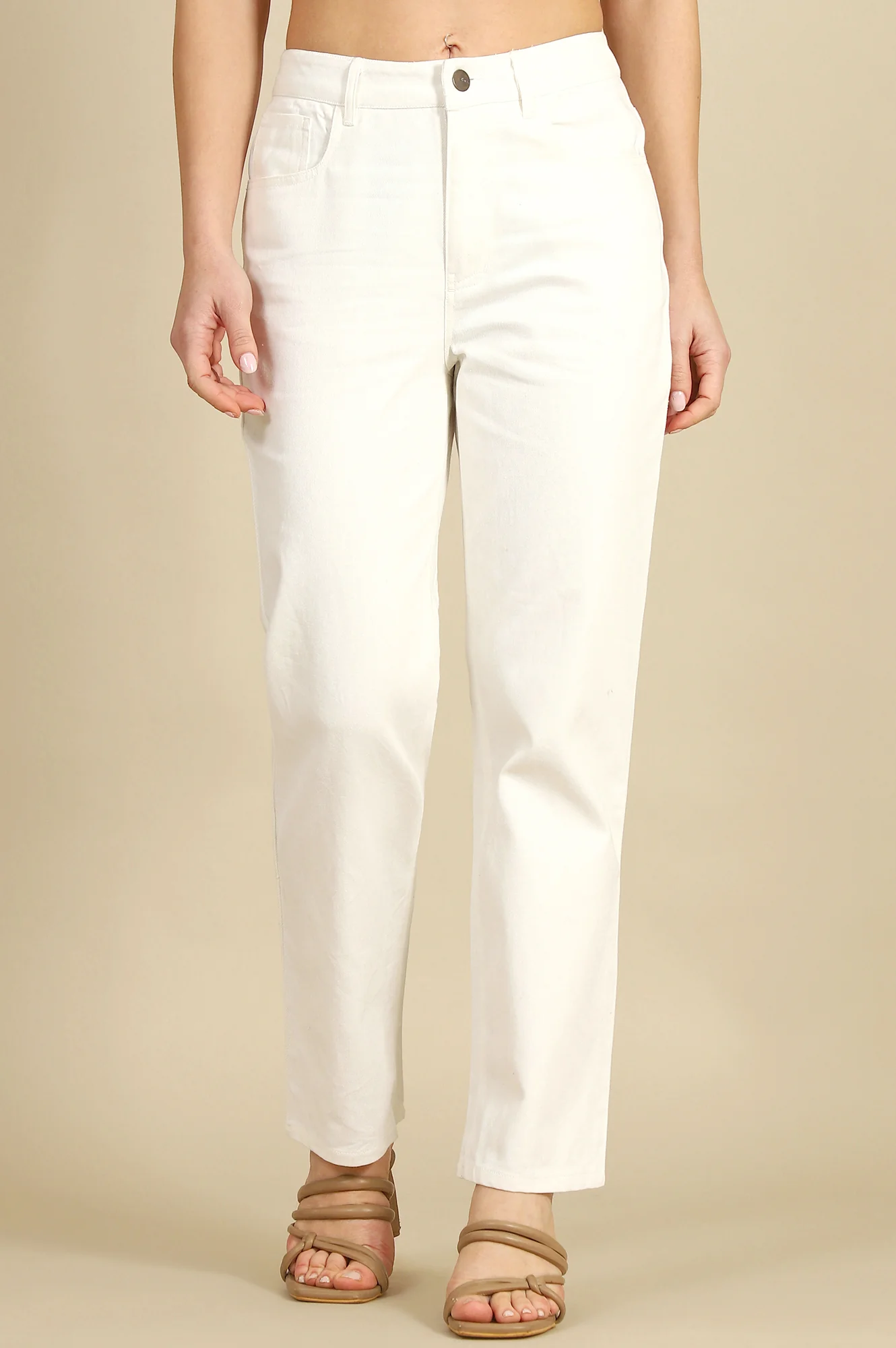 White Solid Straight Fit Cotton Pants With Button Closure - Image 2