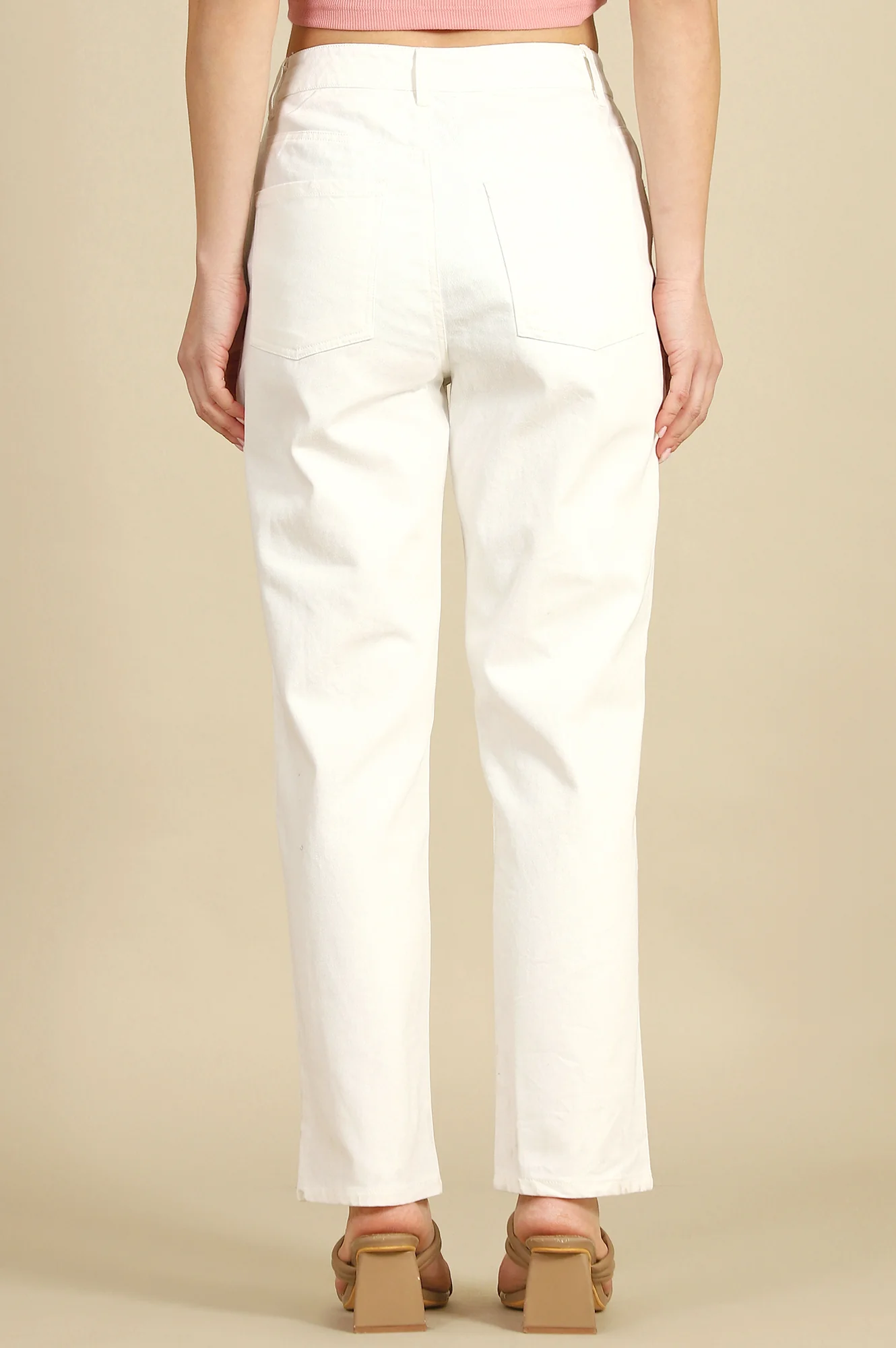 White Solid Straight Fit Cotton Pants With Button Closure - Image 4