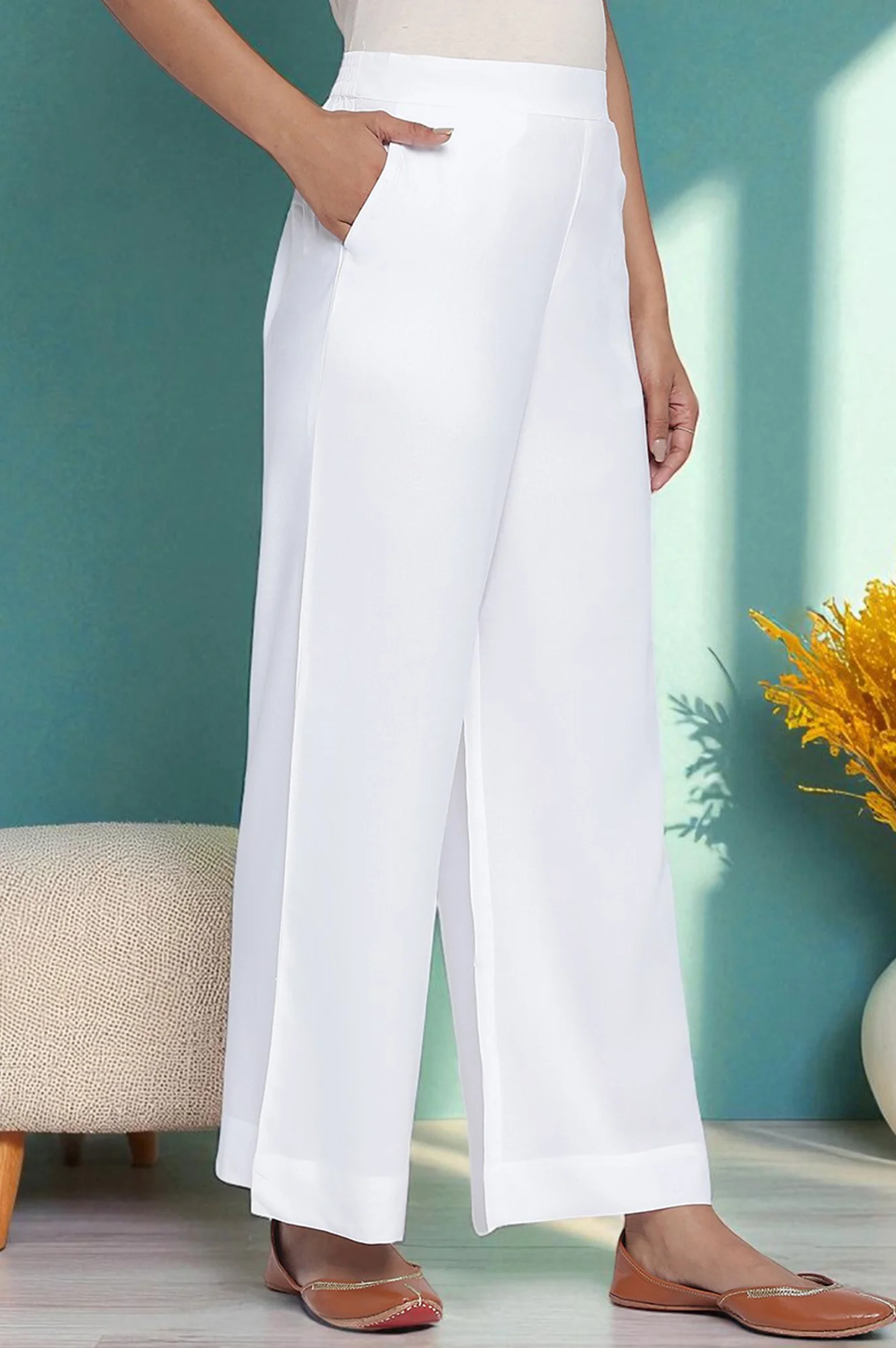 White Solid Rayon Palazzos in Ankle Length - Image 3