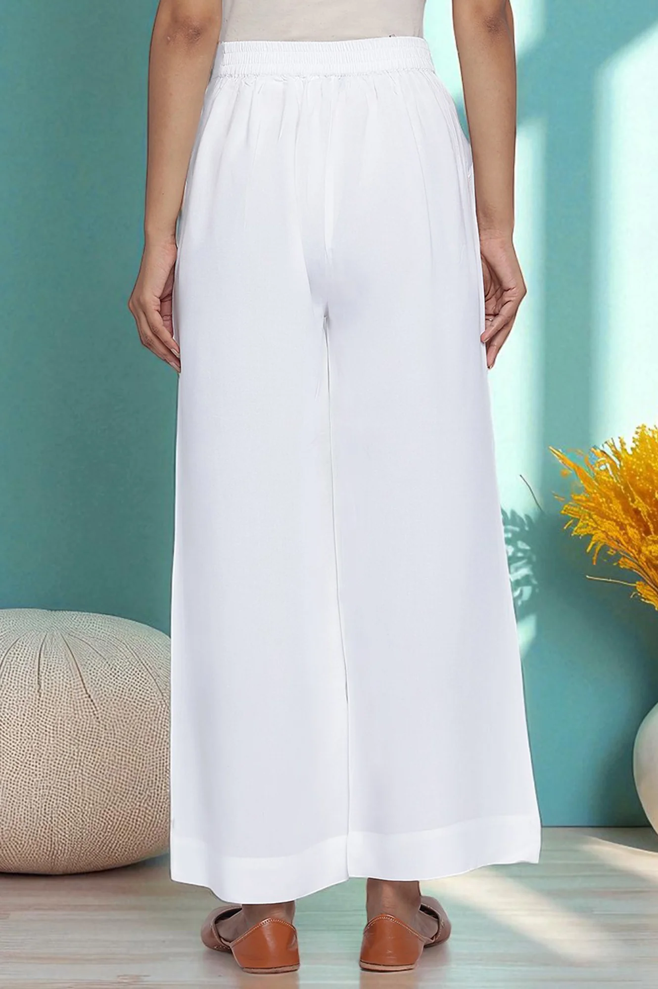 White Solid Rayon Palazzos in Ankle Length - Image 4