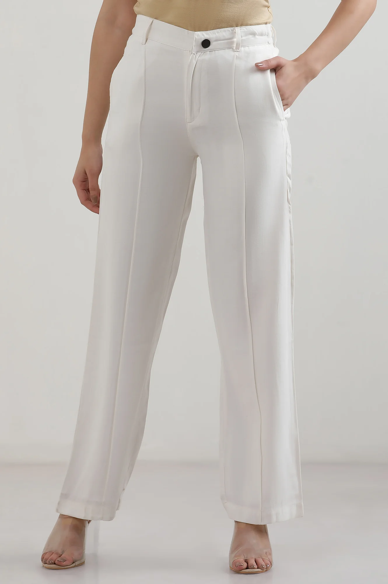 White Solid Straight Fit Rayon Pants - Image 2