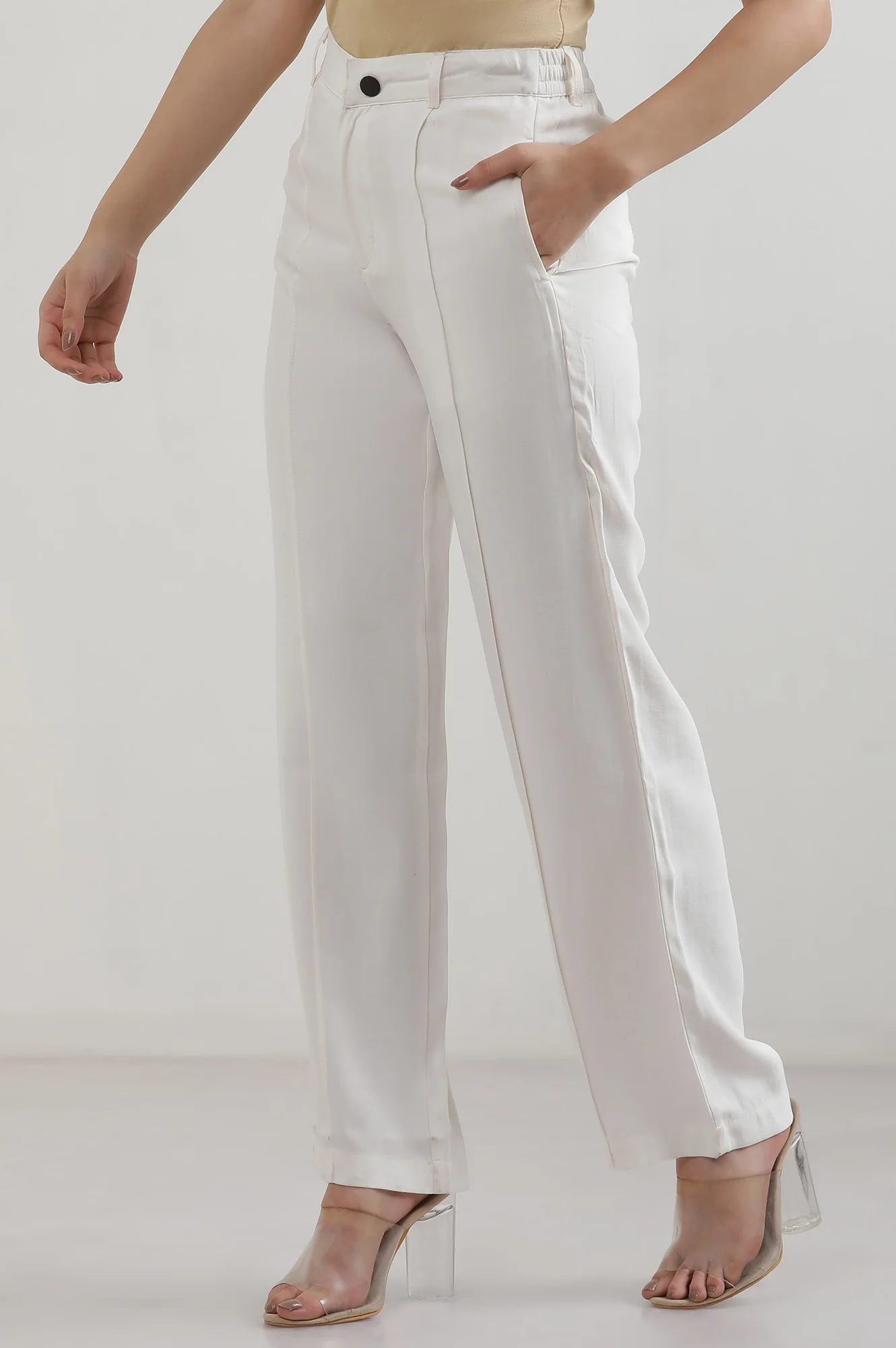 White Solid Straight Fit Rayon Pants - Image 3