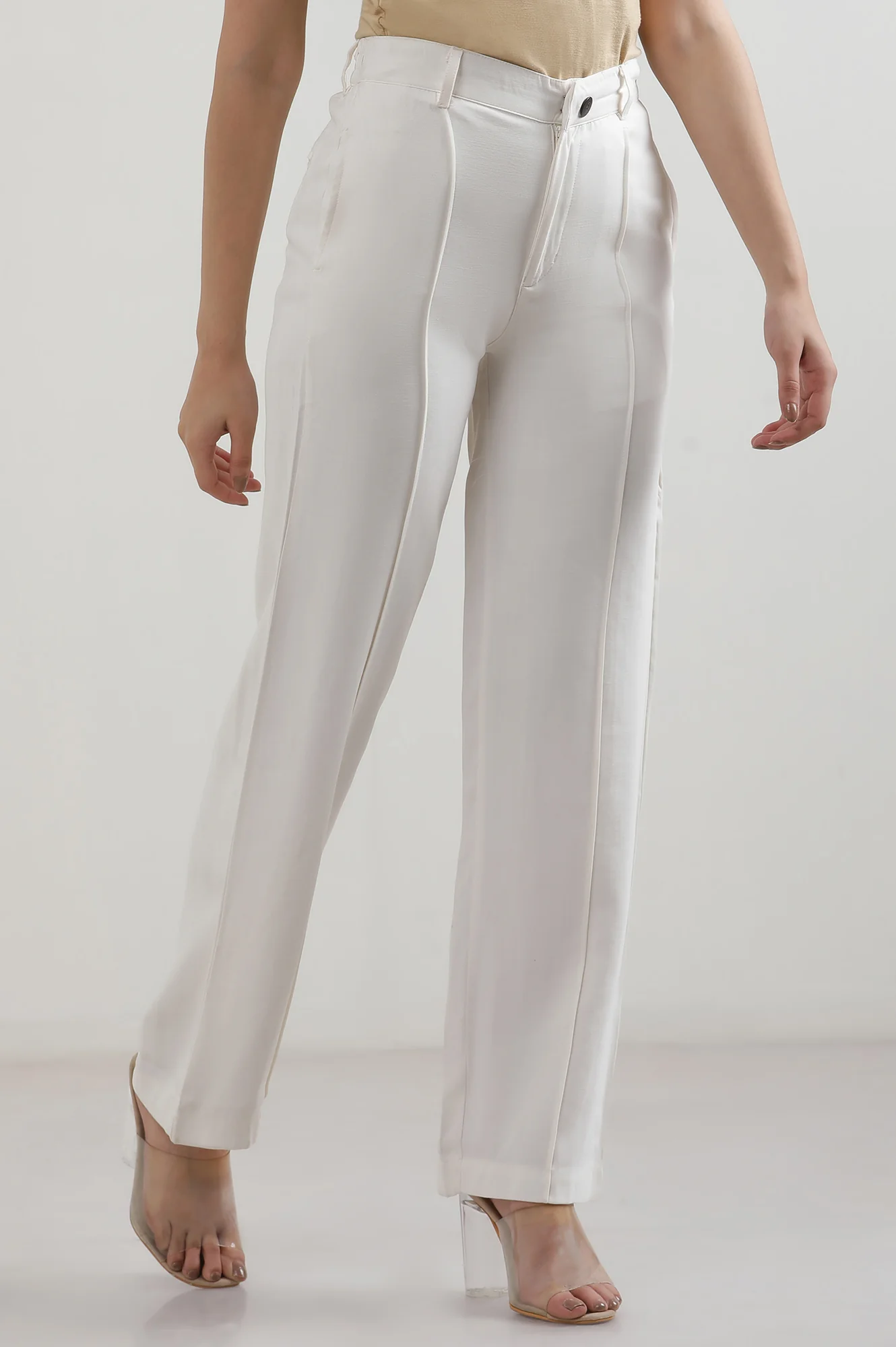 White Solid Straight Fit Rayon Pants - Image 5