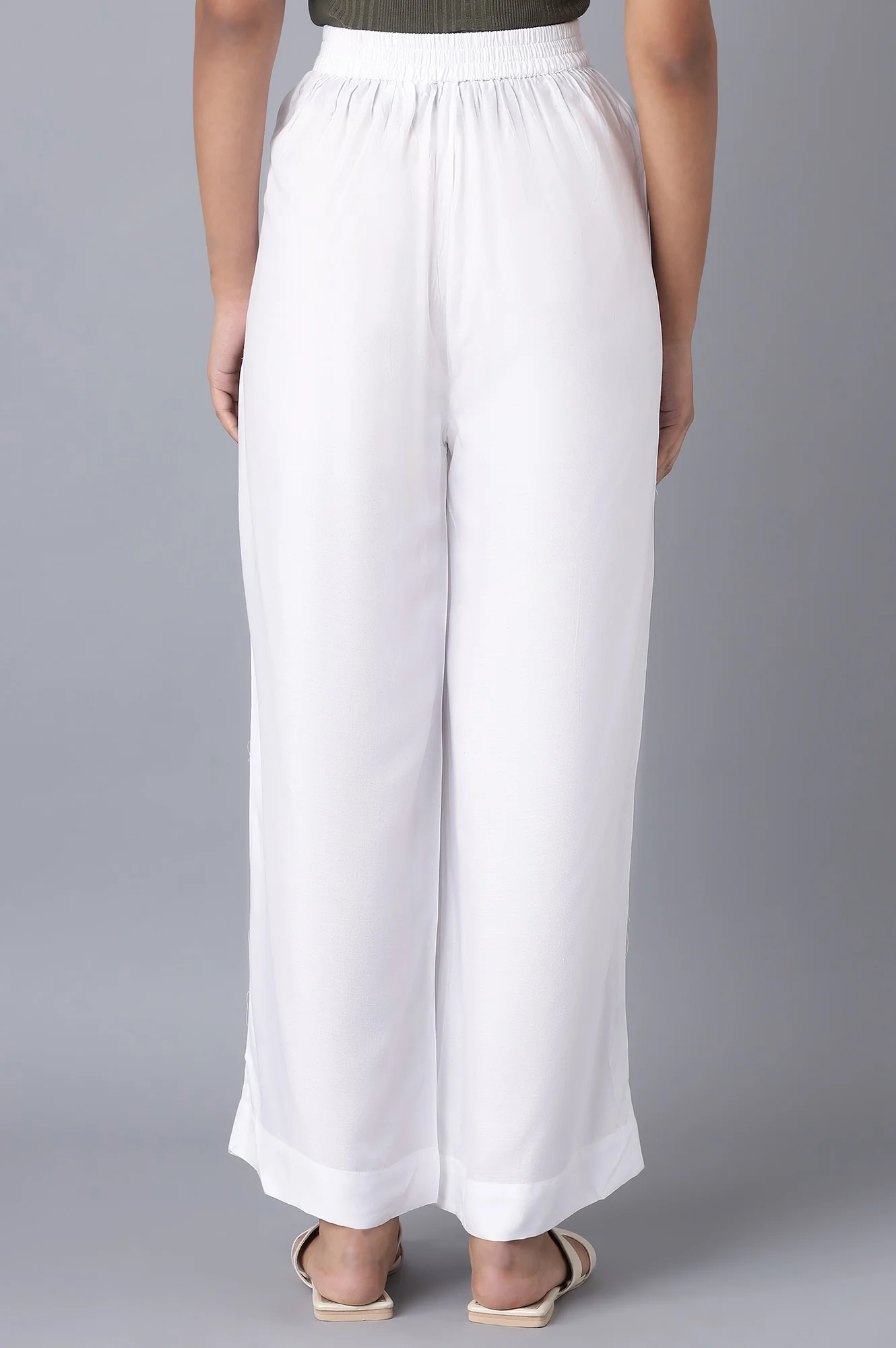White Solid Relaxed Fit Ankle Length High Rise Palazzo - Image 2