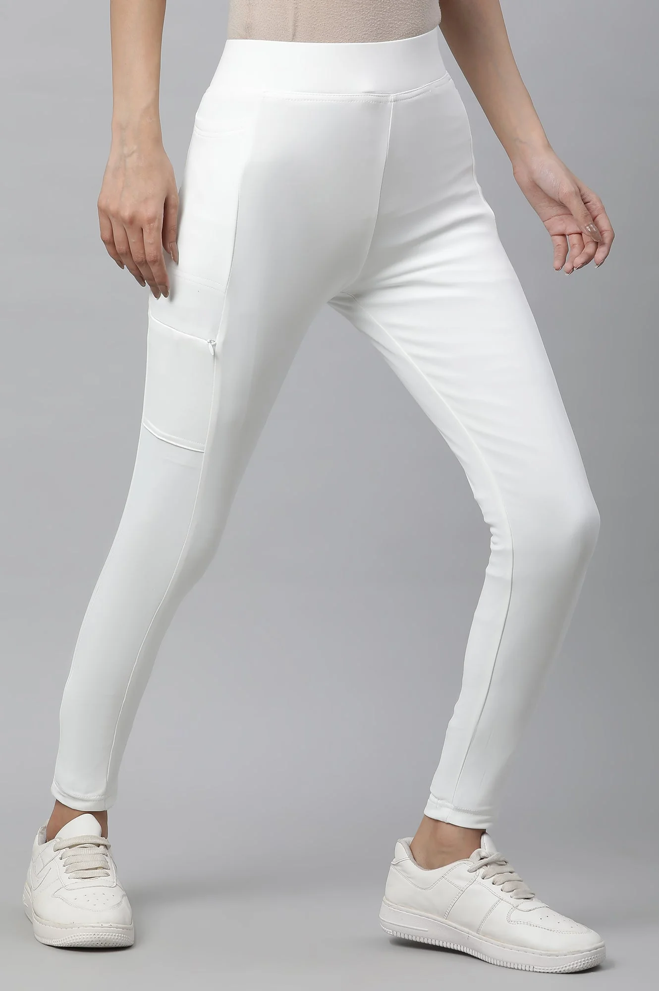 White Solid Skinny Fit Tights With Elasticated Waist - Image 4