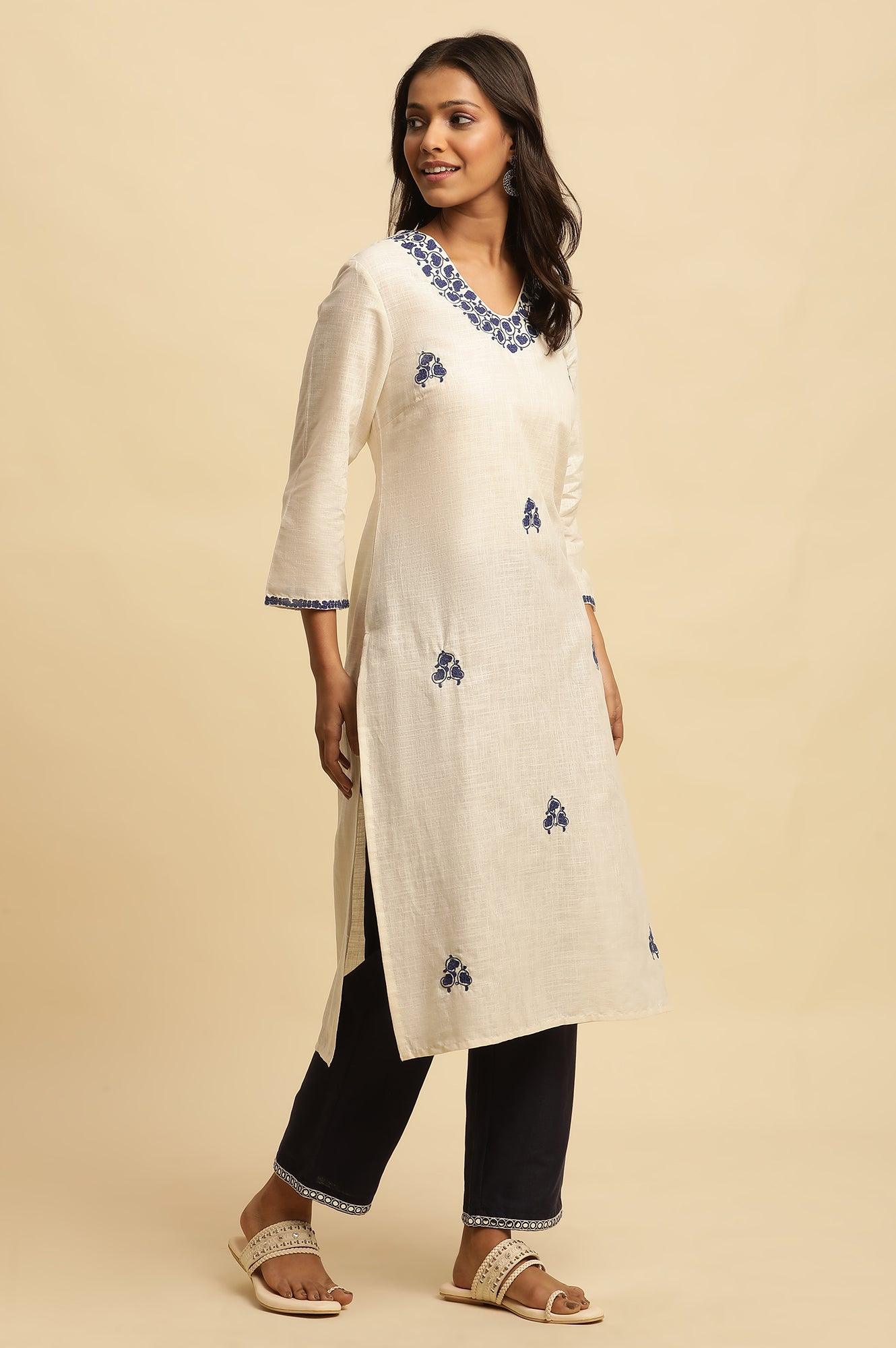 White Straight Kurta With Blue Embroidery - Image 5
