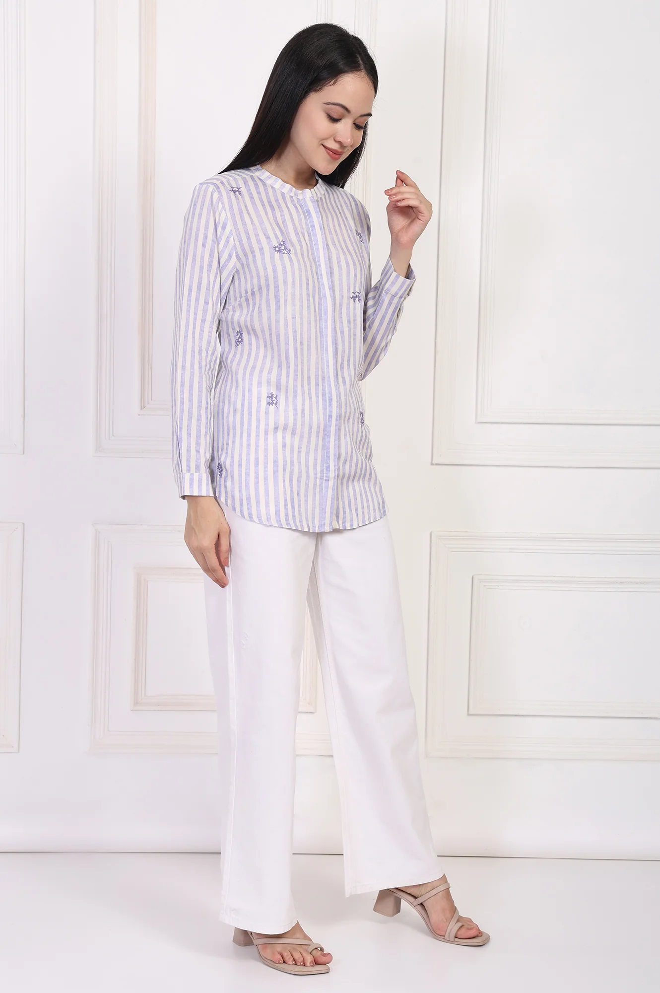 White Striped Printed Thread Embroidered Straight Top - Image 6