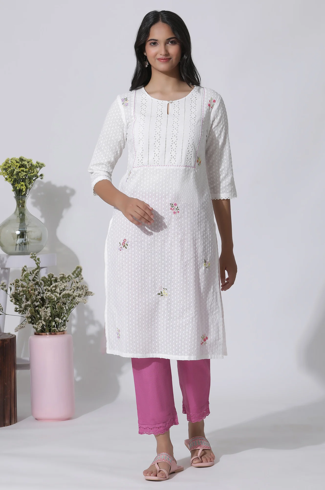 White Swiss Dot Pure Cotton Embroidered Straight Kurta With Schiffli Yoke - Image 2