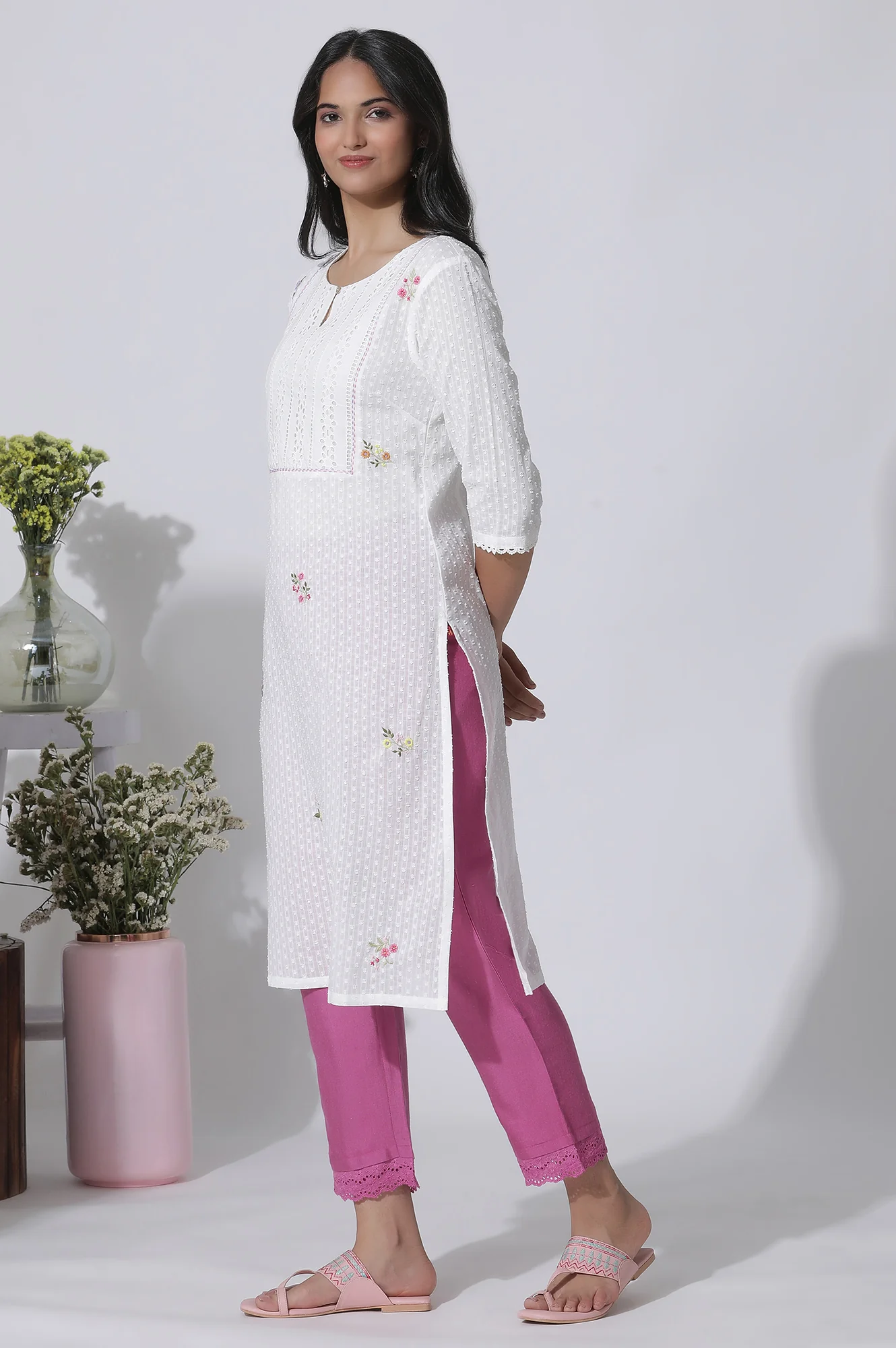 White Swiss Dot Pure Cotton Embroidered Straight Kurta With Schiffli Yoke - Image 3