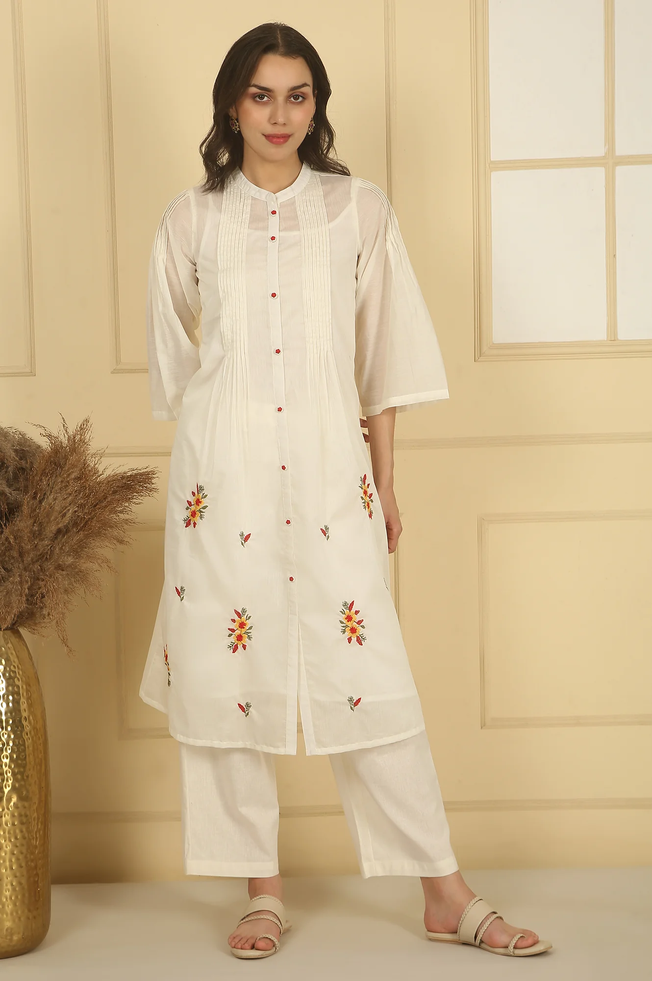 White Thread Embroidered Cotton Blend A-line Kurta and Palazzo Set - Image 3