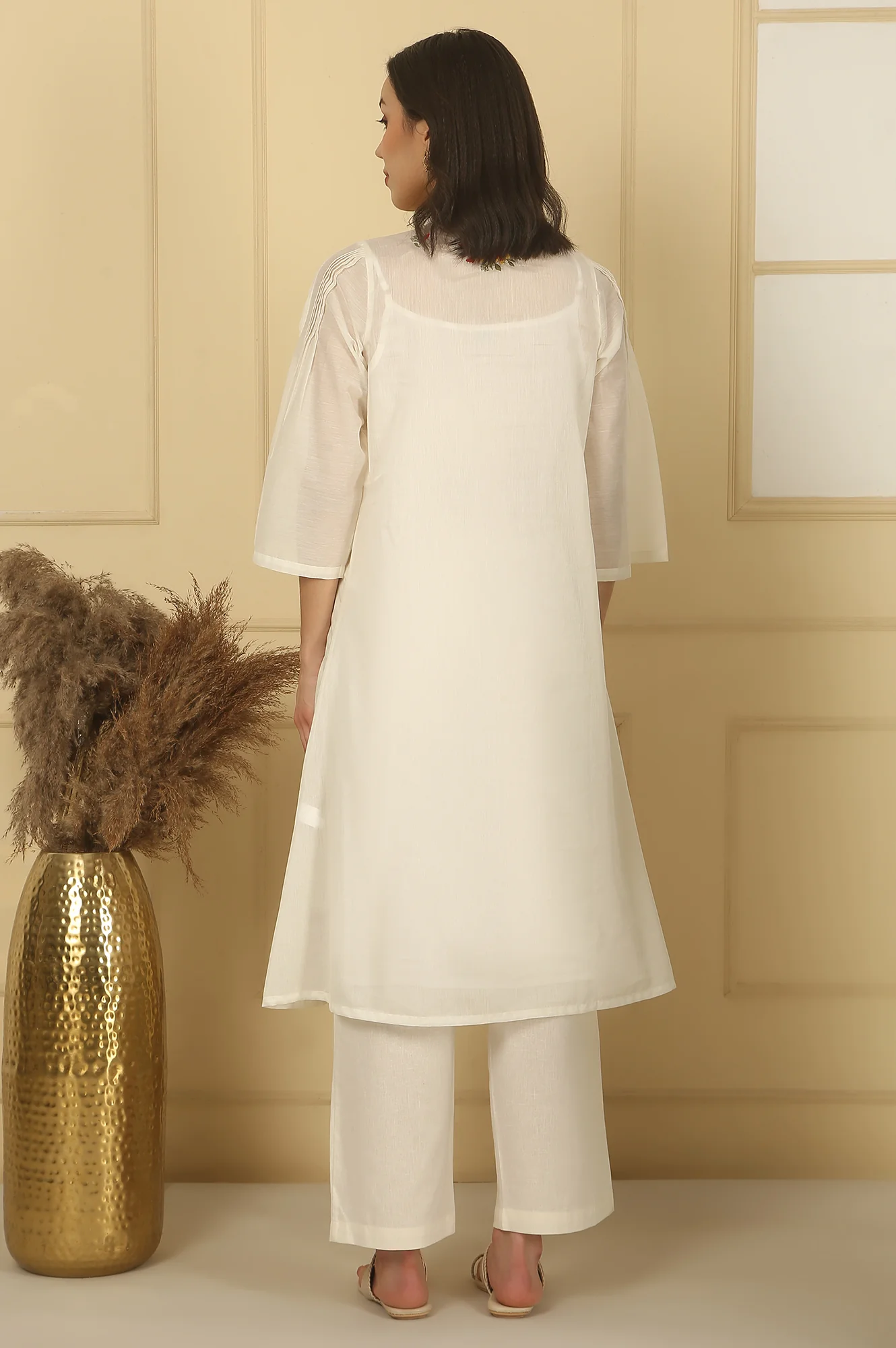 White Thread Embroidered Cotton Blend A-line Kurta and Palazzo Set - Image 6