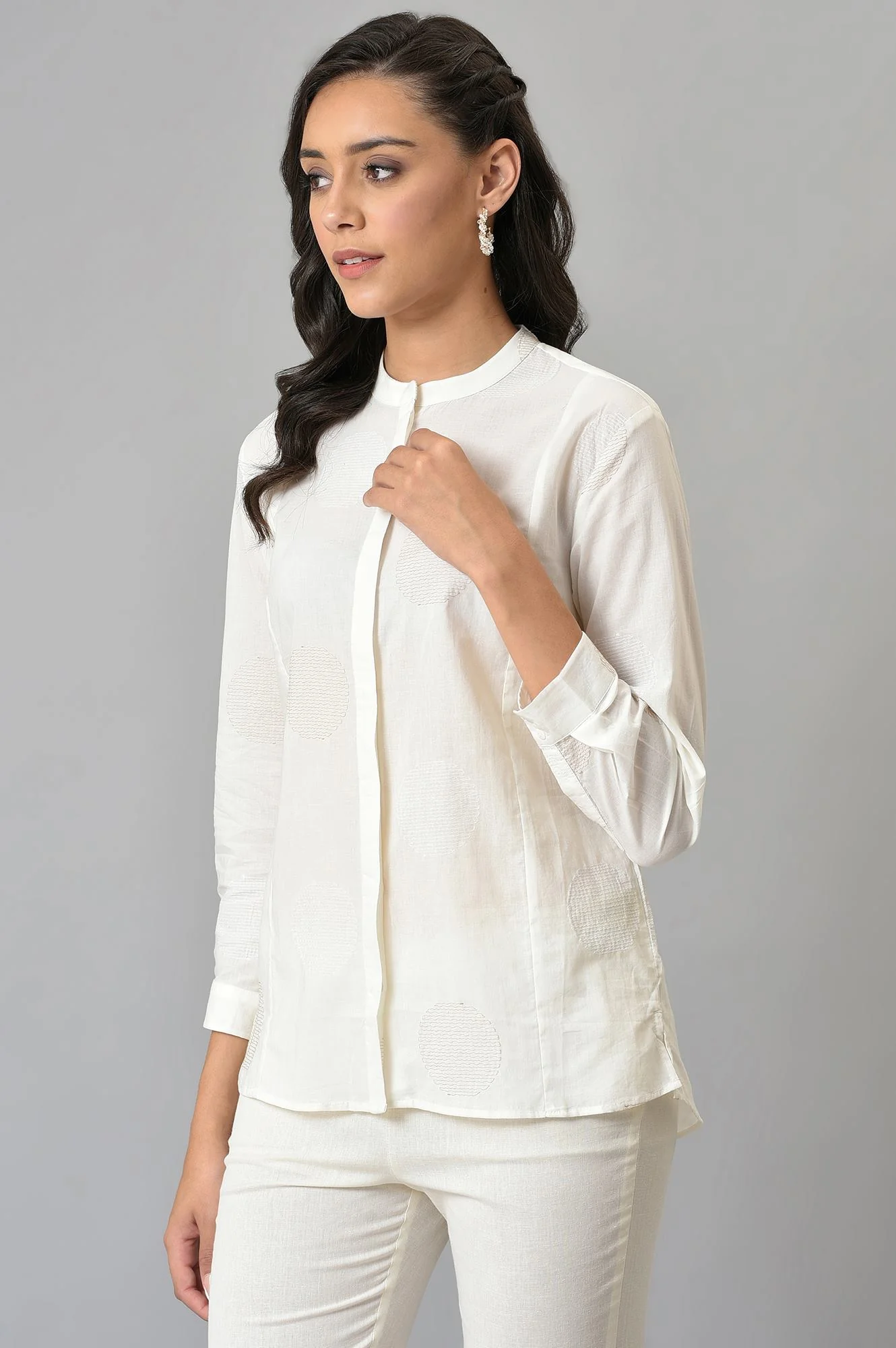White Thread Embroidered Pure Cotton Shirt - Image 3
