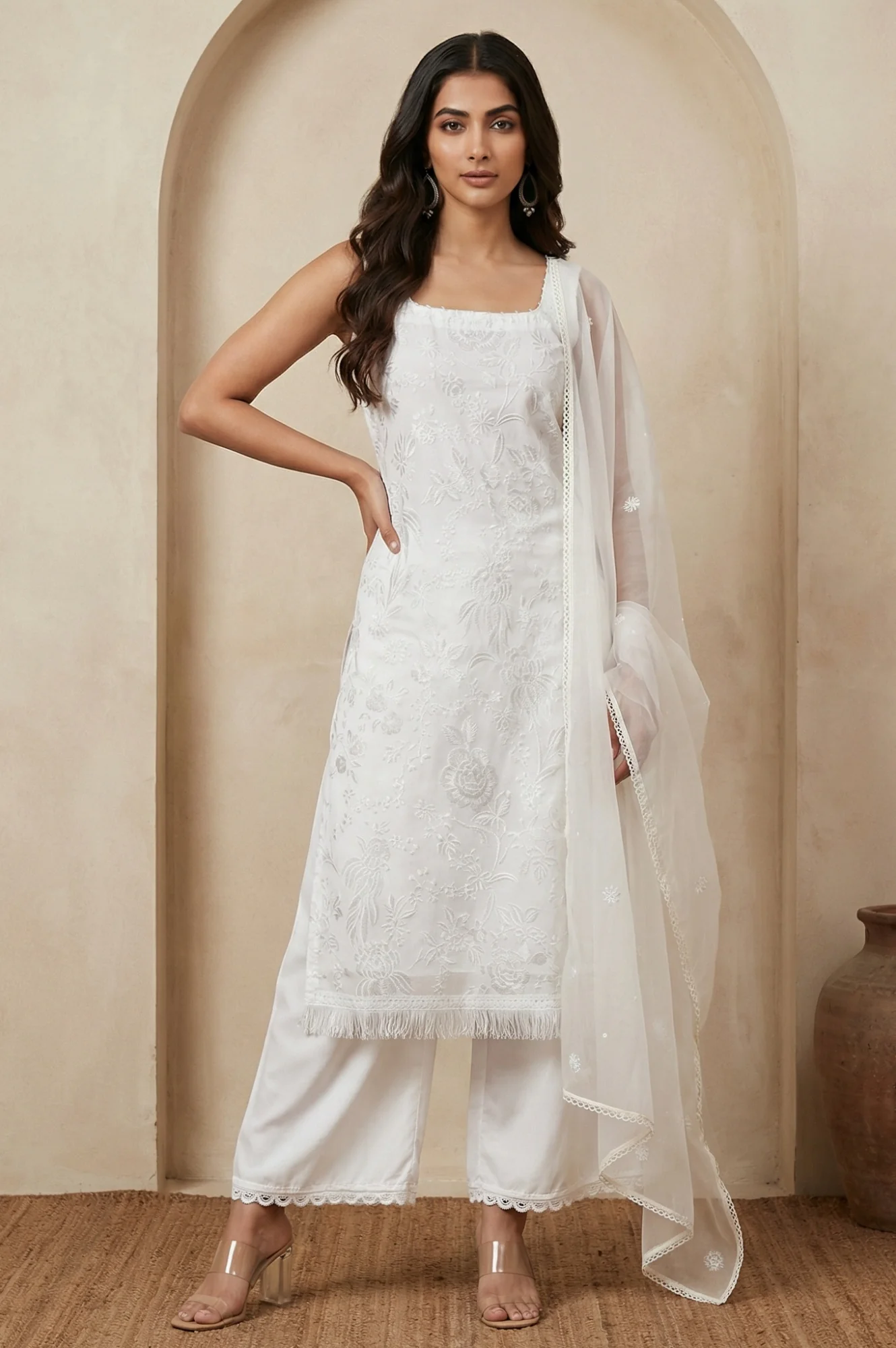 White Thread Embroidered Organza Dupatta - Image 2