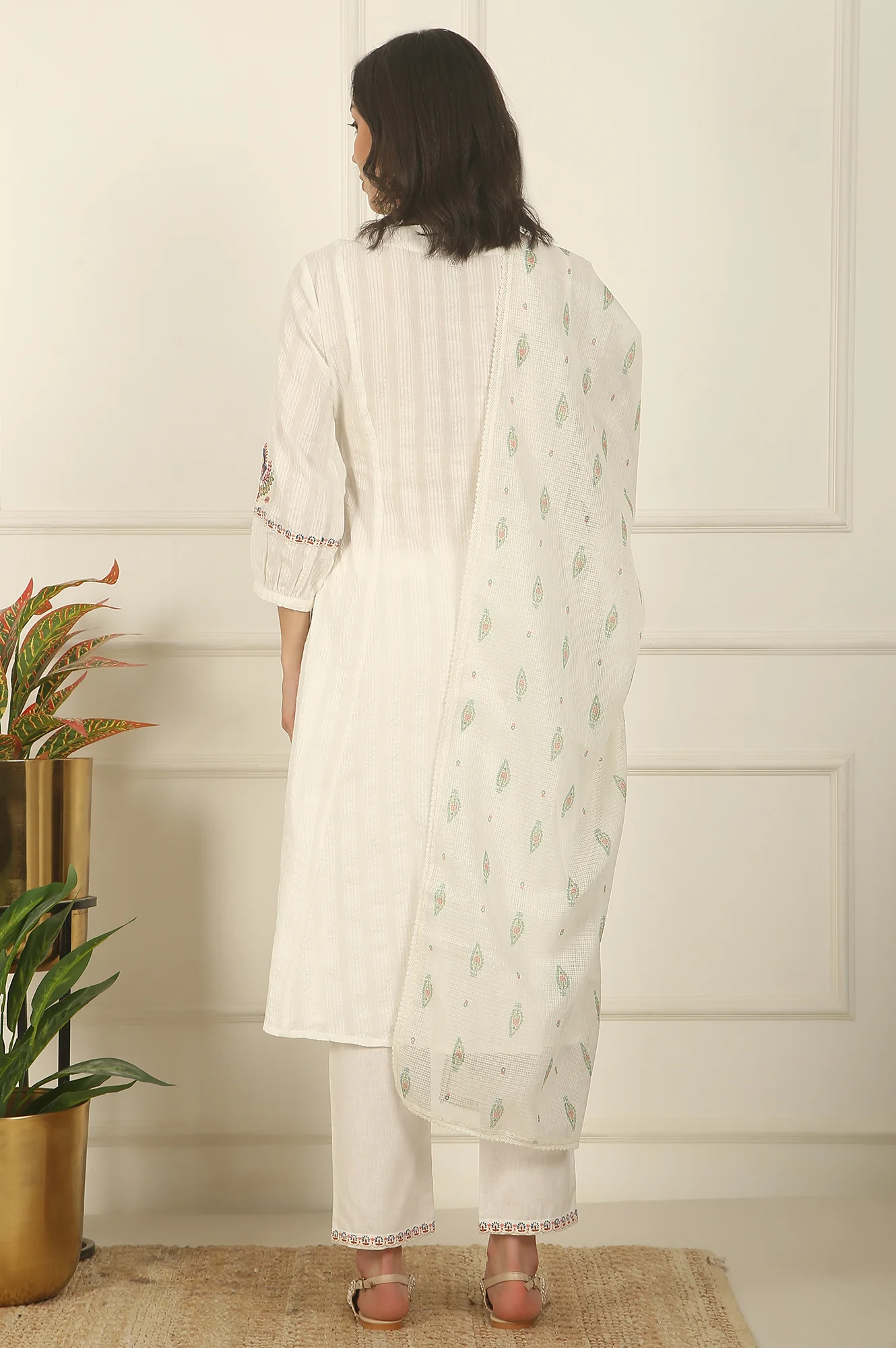 White Thread Embroidered Pure Cotton Flared Kurta, Pants and Dupatta Set - Image 5
