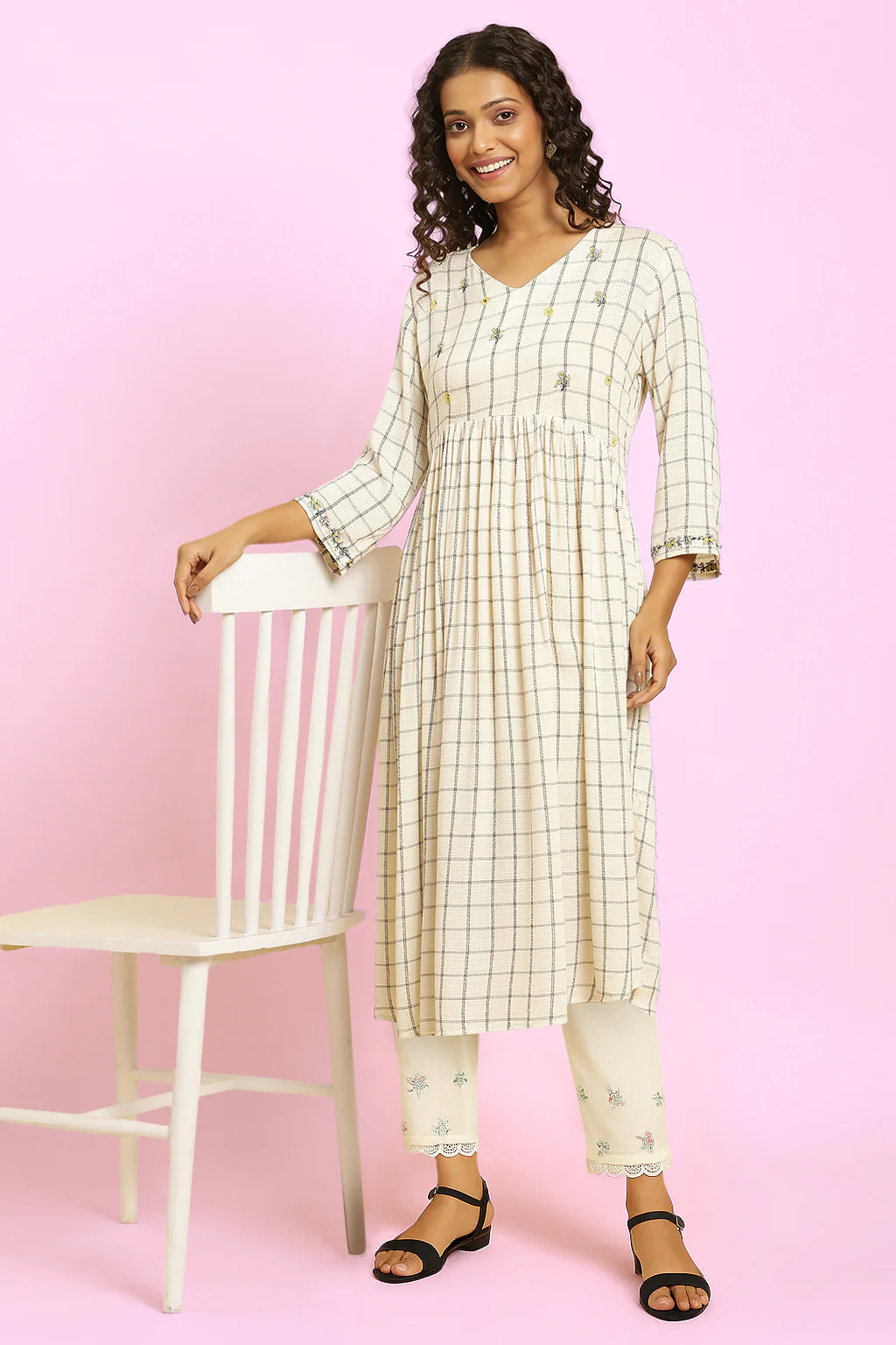 White Thread Embroidered Rayon Flared Kurta and Slim Pant Set - Image 2