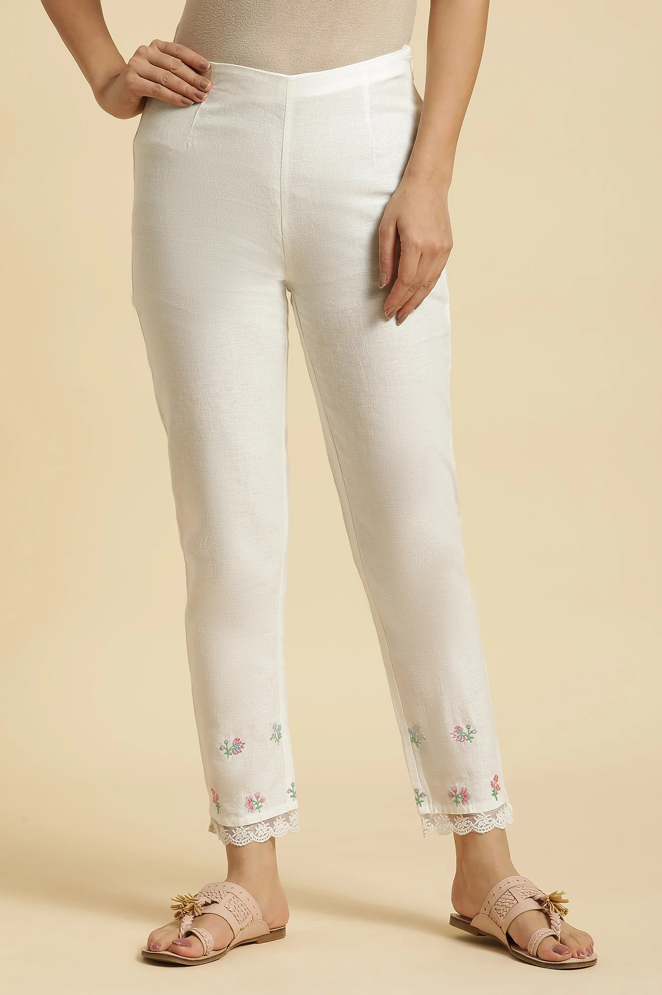 White Thread Embroidered Rayon Flared Kurta and Slim Pant Set - Image 4