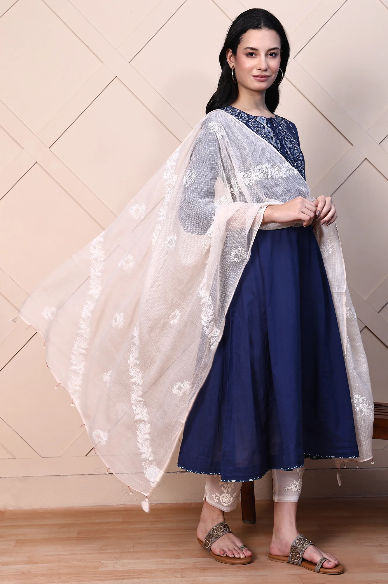 White Thread Embroidered Semi Sheer Cotton Silk Dupatta with Tassels - Image 2