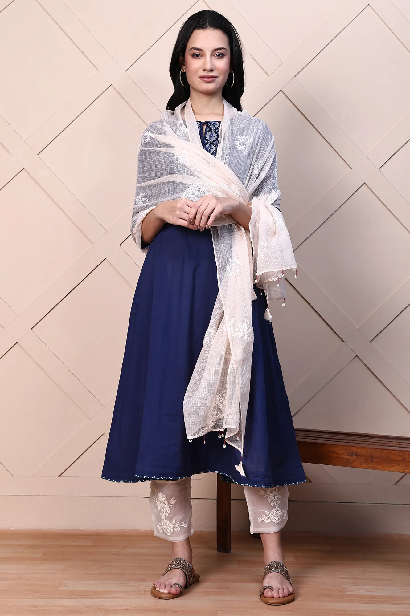 White Thread Embroidered Semi Sheer Cotton Silk Dupatta with Tassels - Image 4