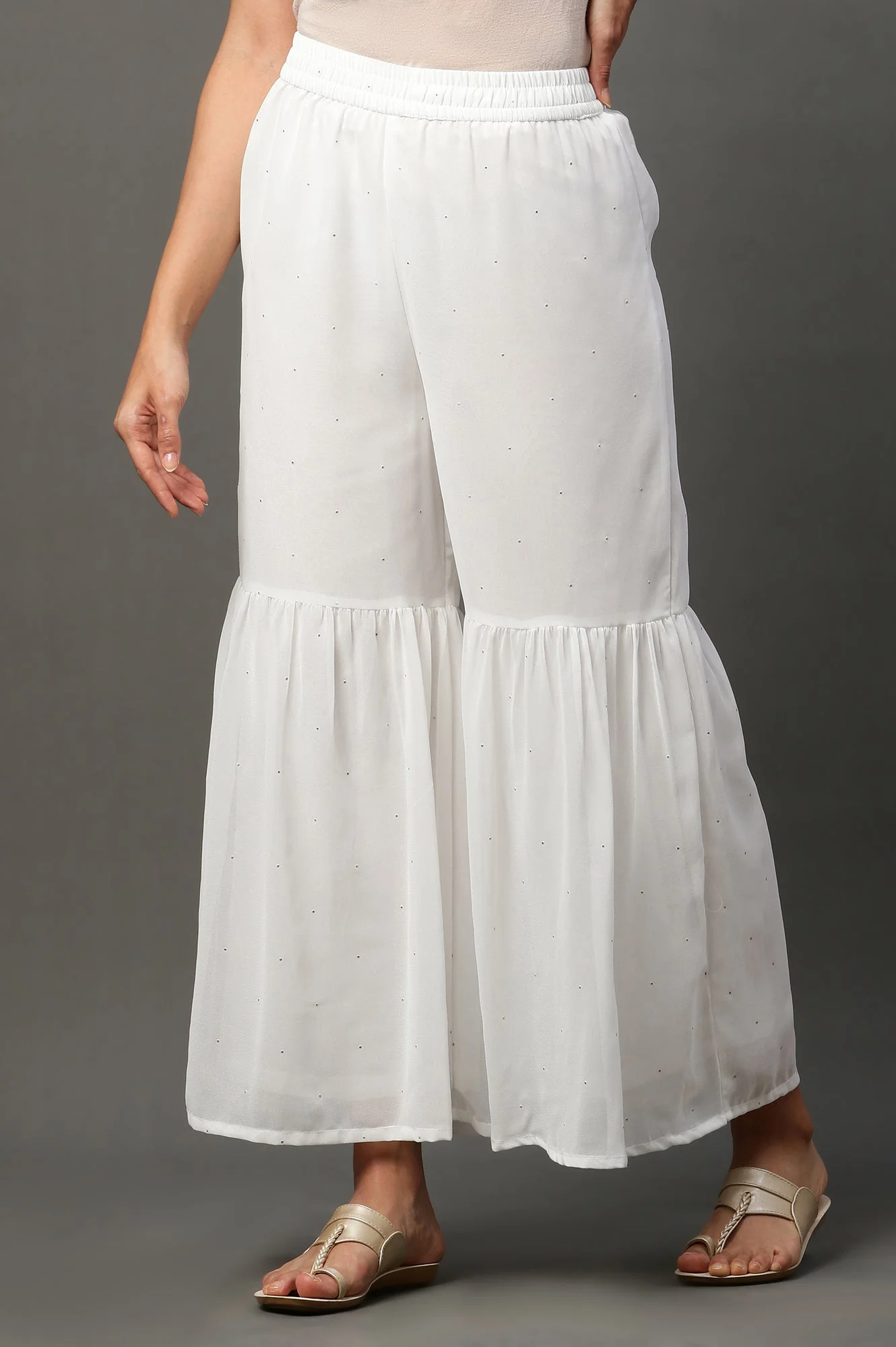 White Polka Dots Printed Flared Georgette Sharara With Elasticated Waist - Image 2