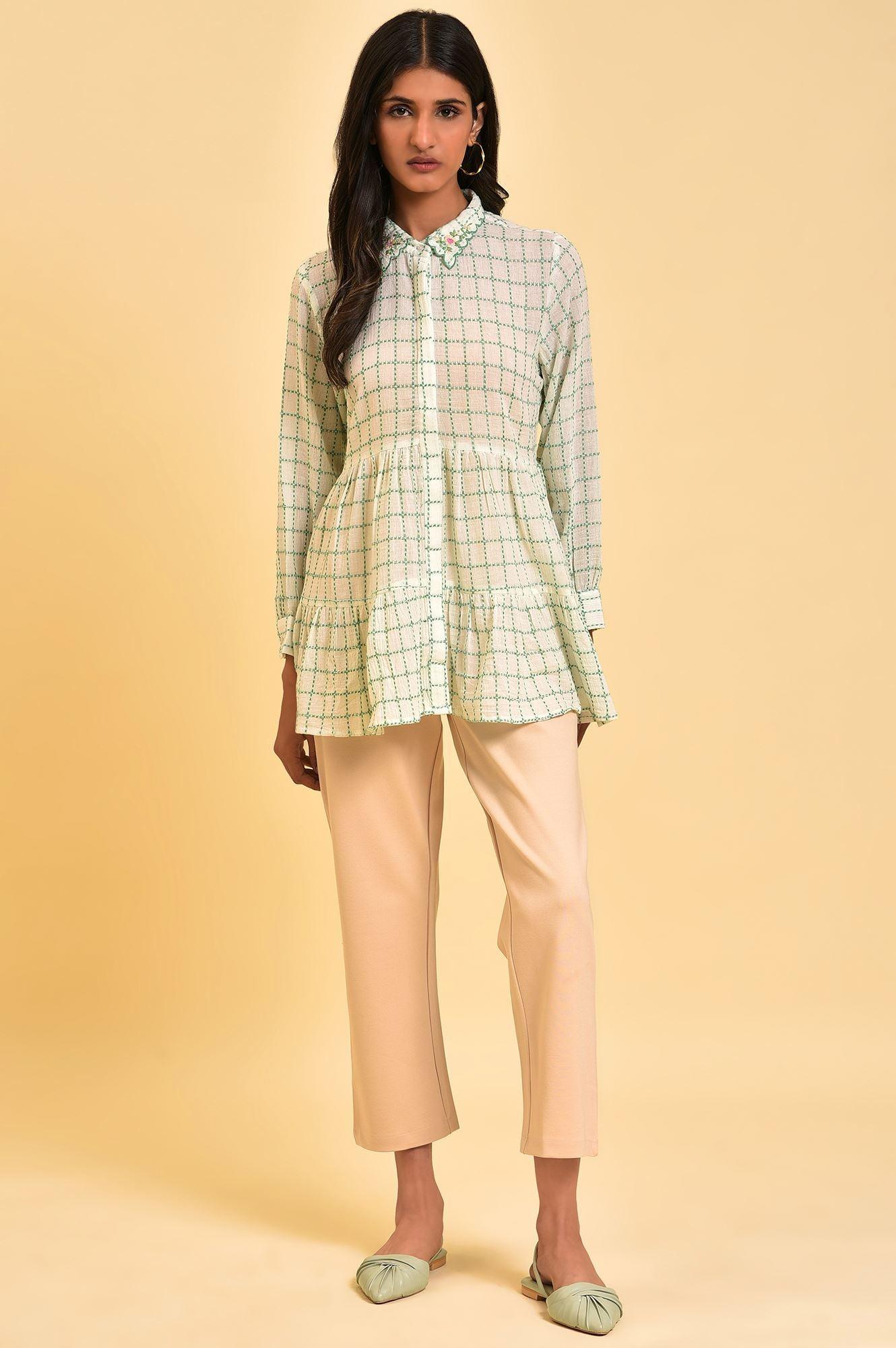 White Tiered Top with Green Stitch Lines - Image 6