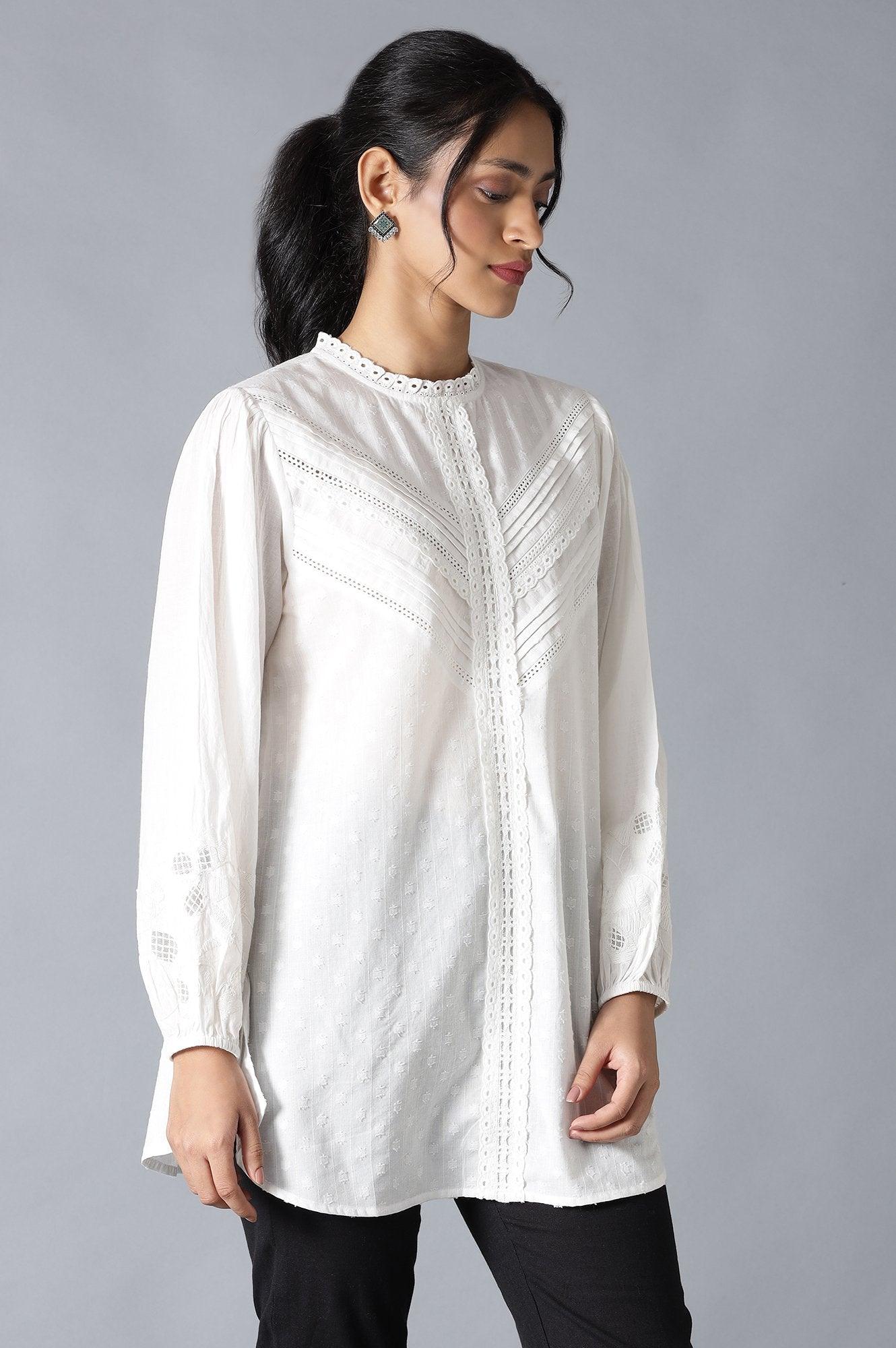 White Top With Lace And Applique Embroidered Sleeves - Image 4