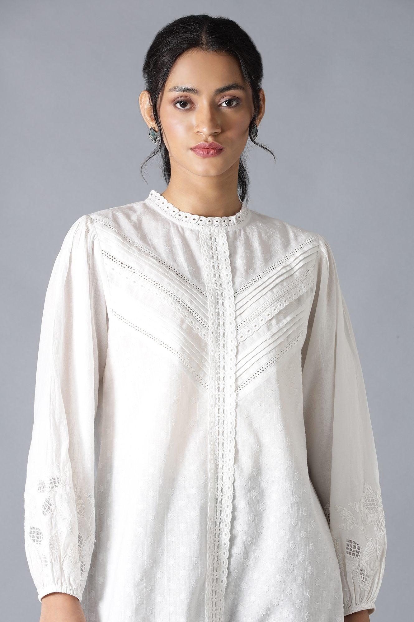 White Top With Lace And Applique Embroidered Sleeves - Image 5