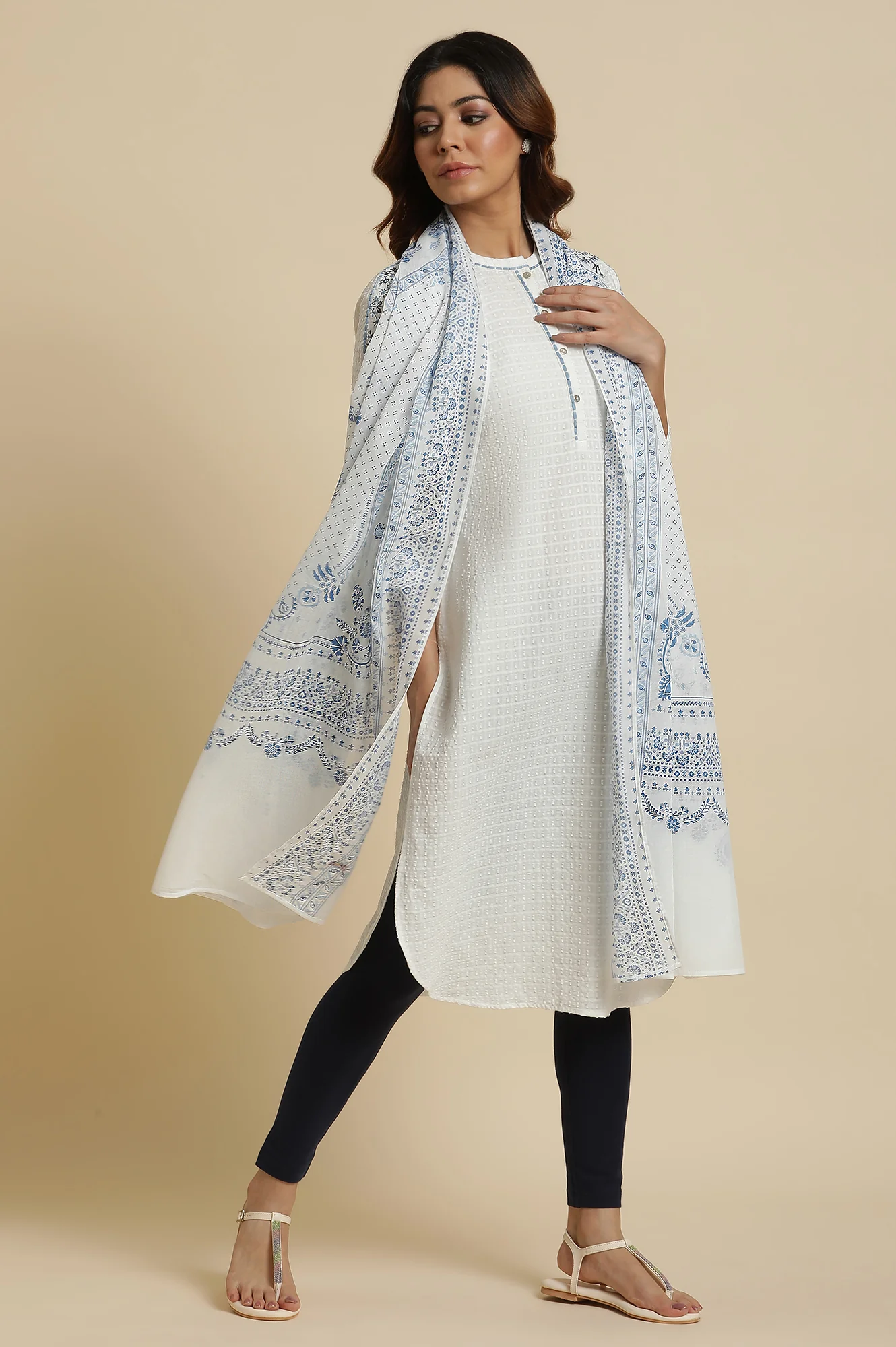 White Voile Dupatta In Blue Floral Print - Image 3