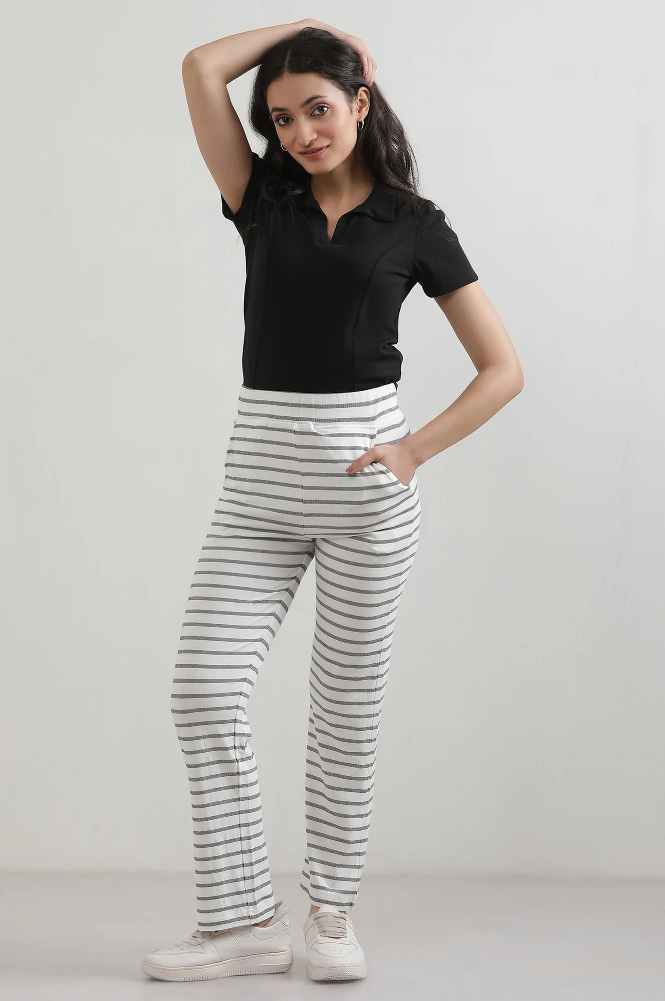 White Striped Straight Fit Cotton Pants With Slip On Closure