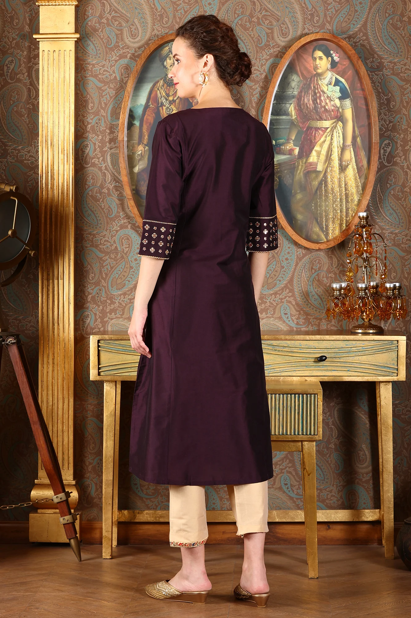 Wine Embroidered A-Line Silk Blend Kurta with Straight Pant and Dupatta Set - Image 5