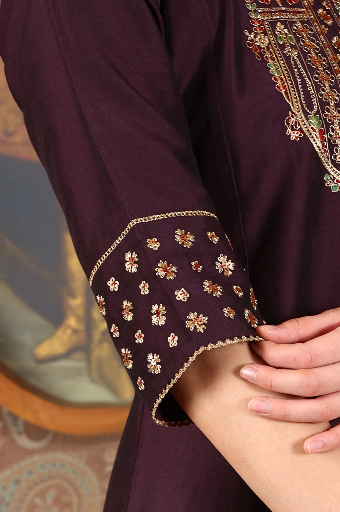 Wine Embroidered A-Line Silk Blend Kurta with Straight Pant and Dupatta Set - Image 7