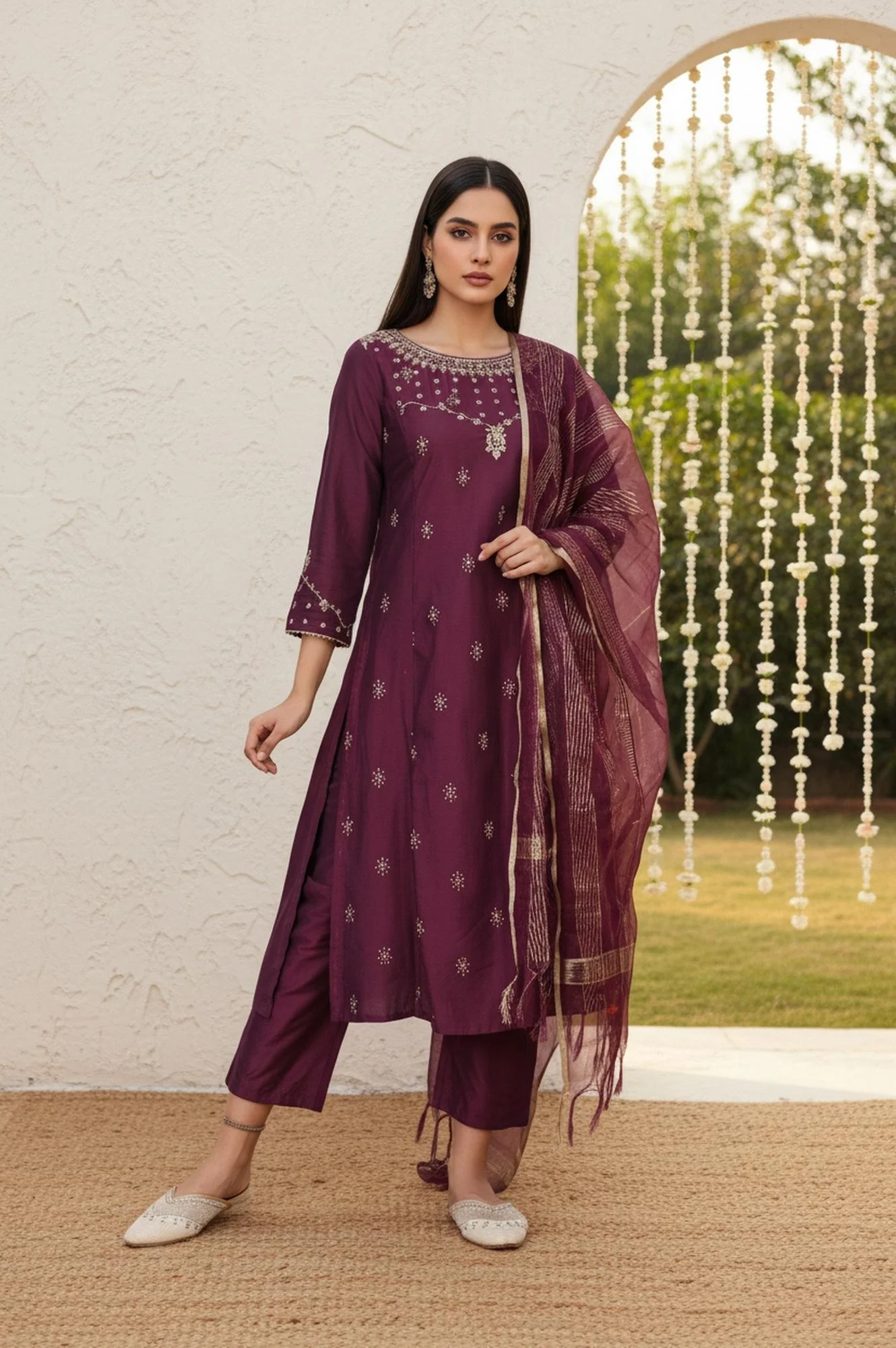 Wine Embroidered Straight Silk Blend Kurta with Straight Pant and Dupatta Set - Image 2