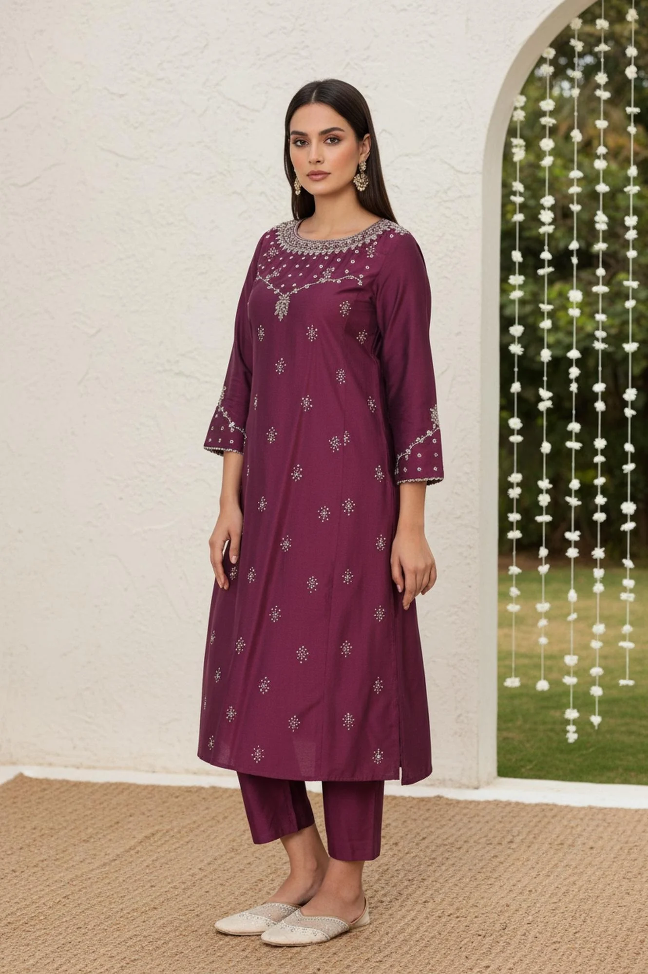 Wine Embroidered Straight Silk Blend Kurta with Straight Pant and Dupatta Set - Image 4