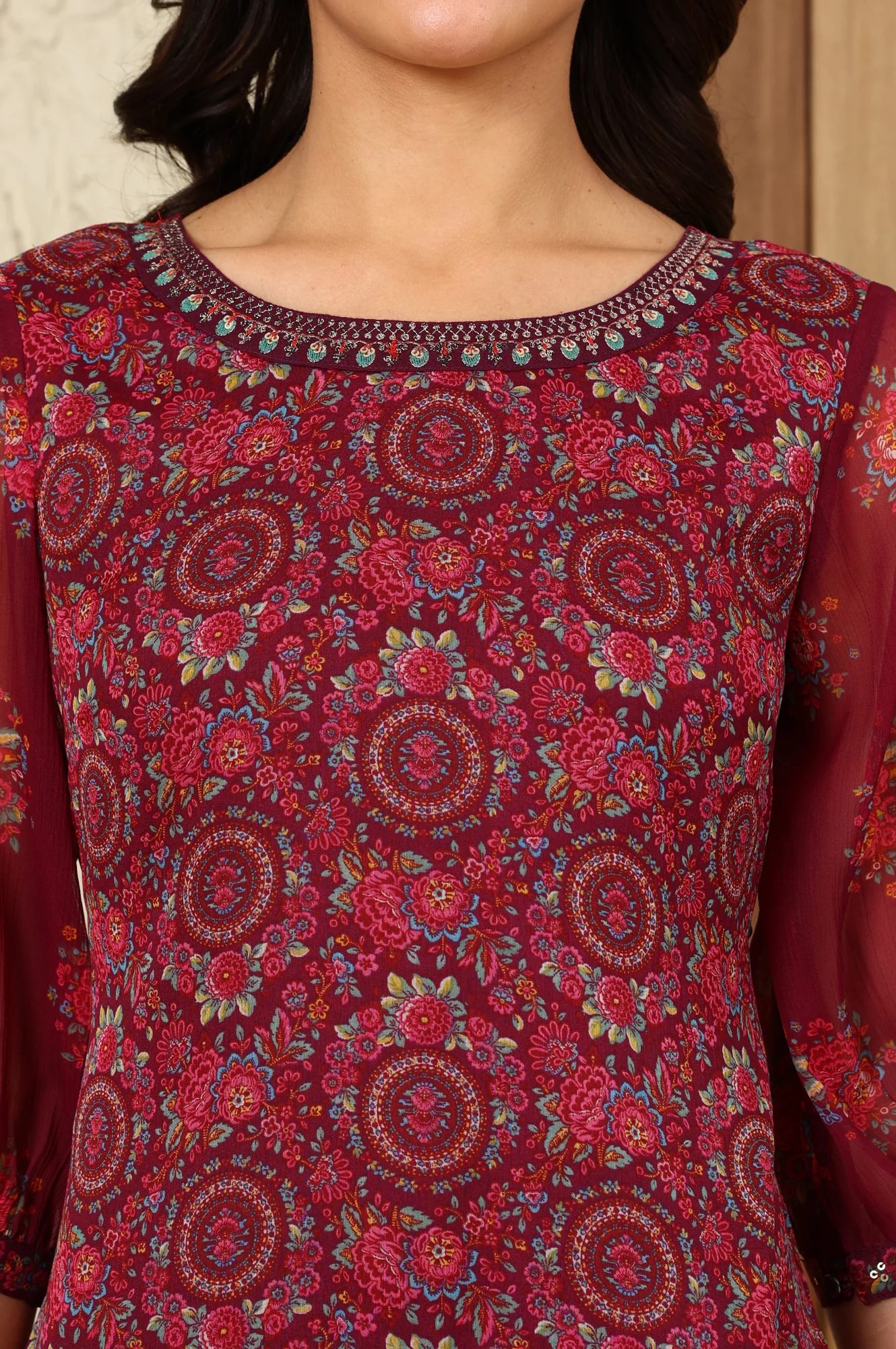 Wine Floral Printed Dori Embroidered Chiffon Kurta With Attached Lining - Image 3
