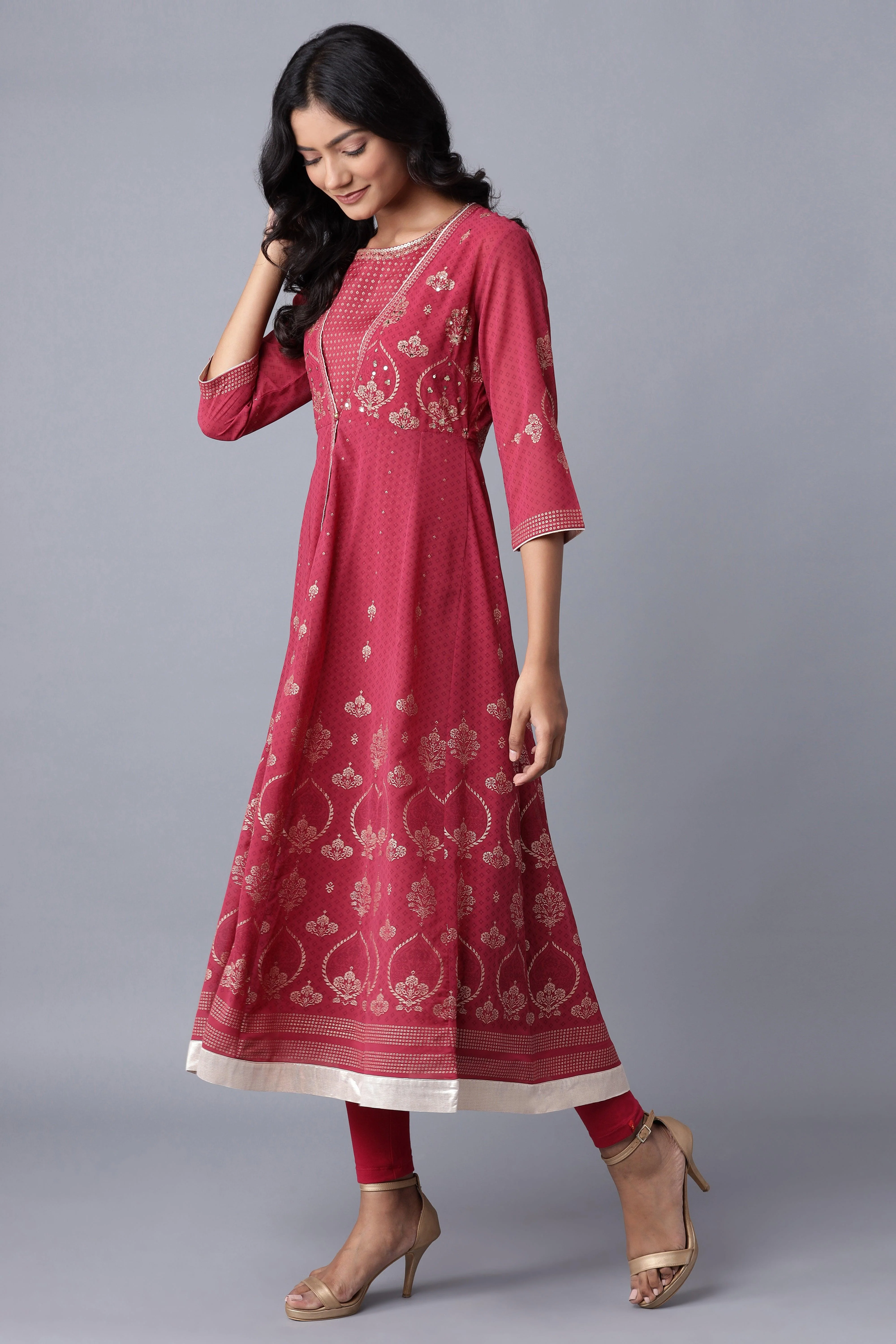 Wine Layered kurta-Solid Tights Set - Image 3