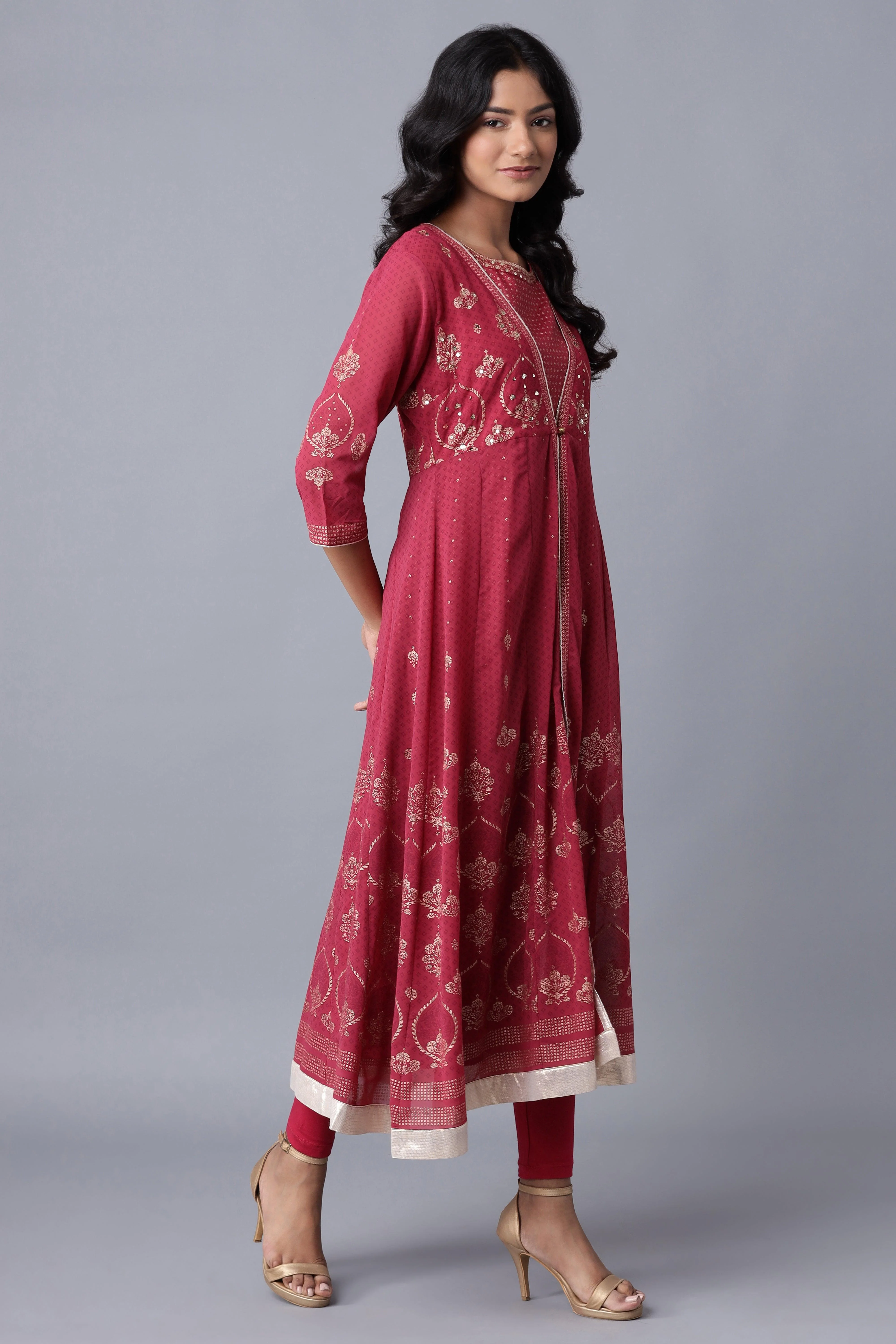 Wine Layered kurta-Solid Tights Set - Image 4