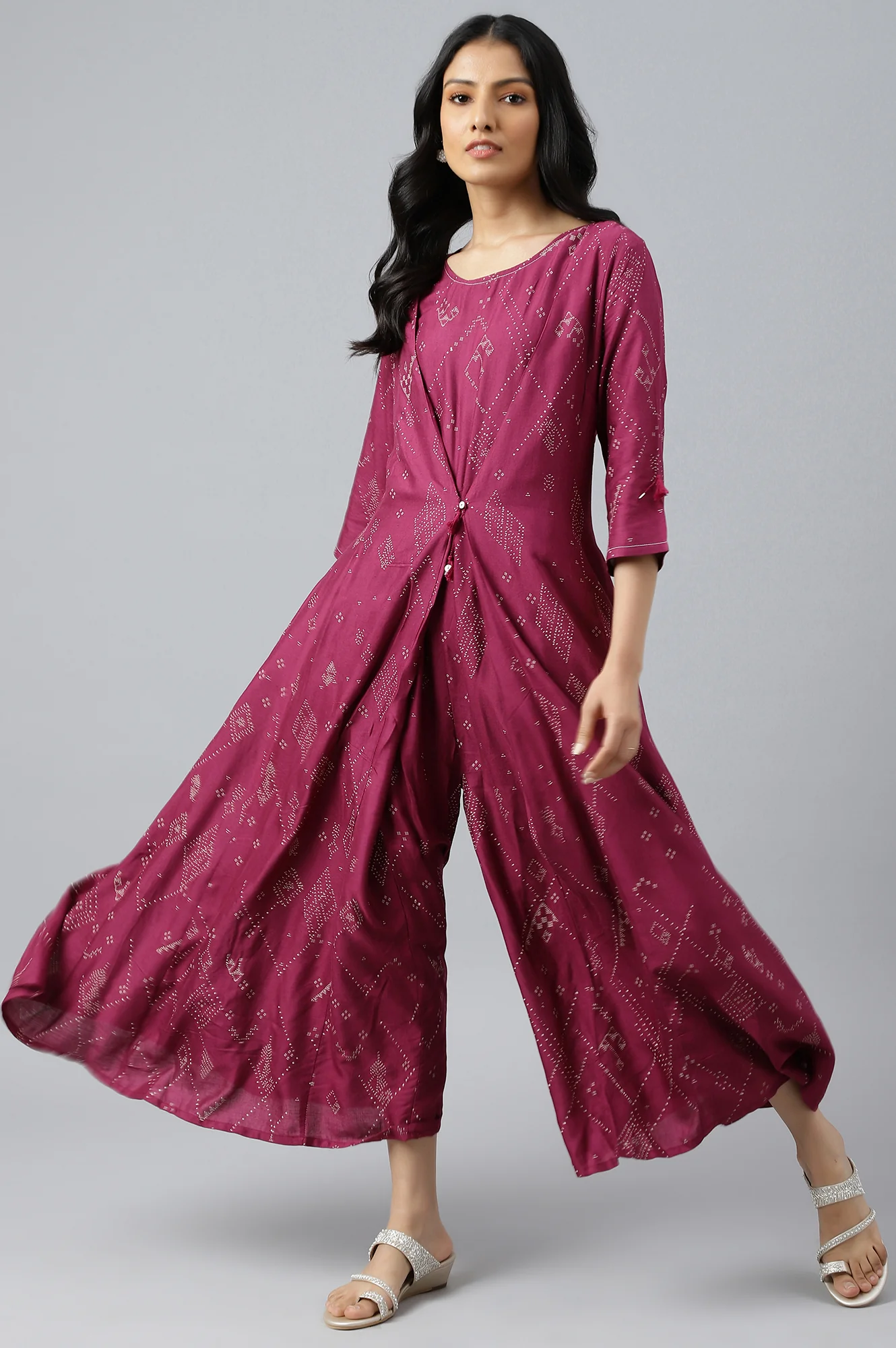 Wine Mock Layer Kimono Jumpsuit With Shell - Image 5
