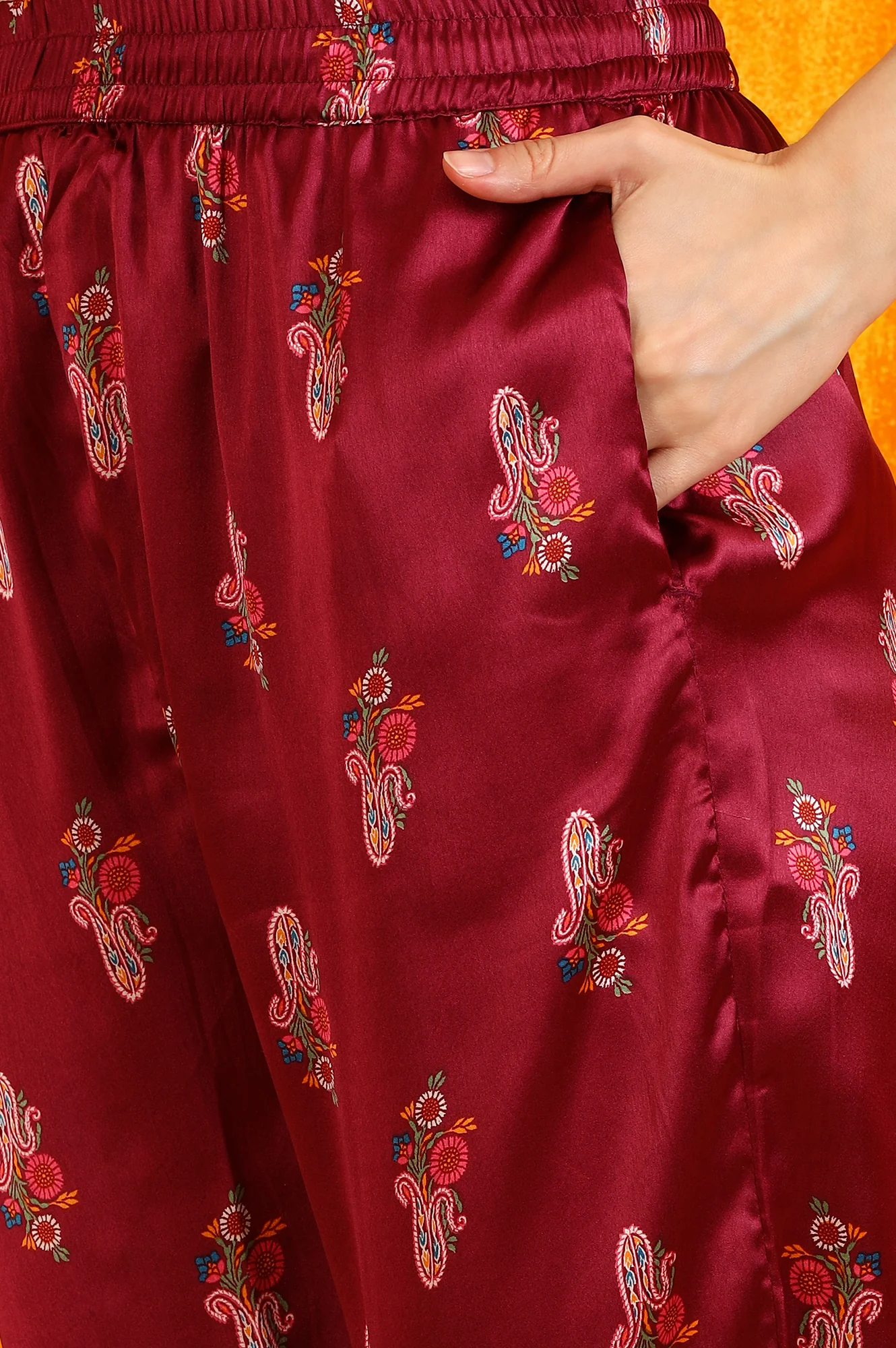 Wine Paisley Printed Japanese Satin Embroidered Kurta and Straight Pants Co-ord Set - Image 10