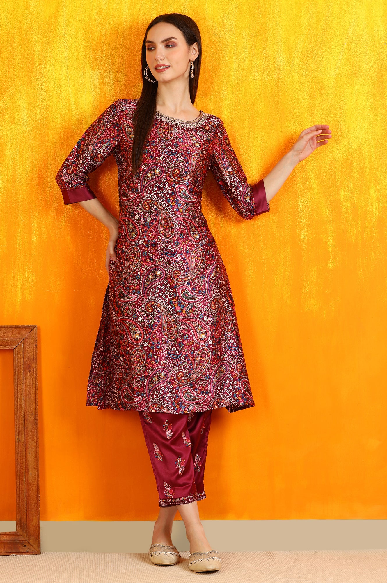 Wine Paisley Printed Japanese Satin Embroidered Kurta and Straight Pants Co-ord Set - Image 2