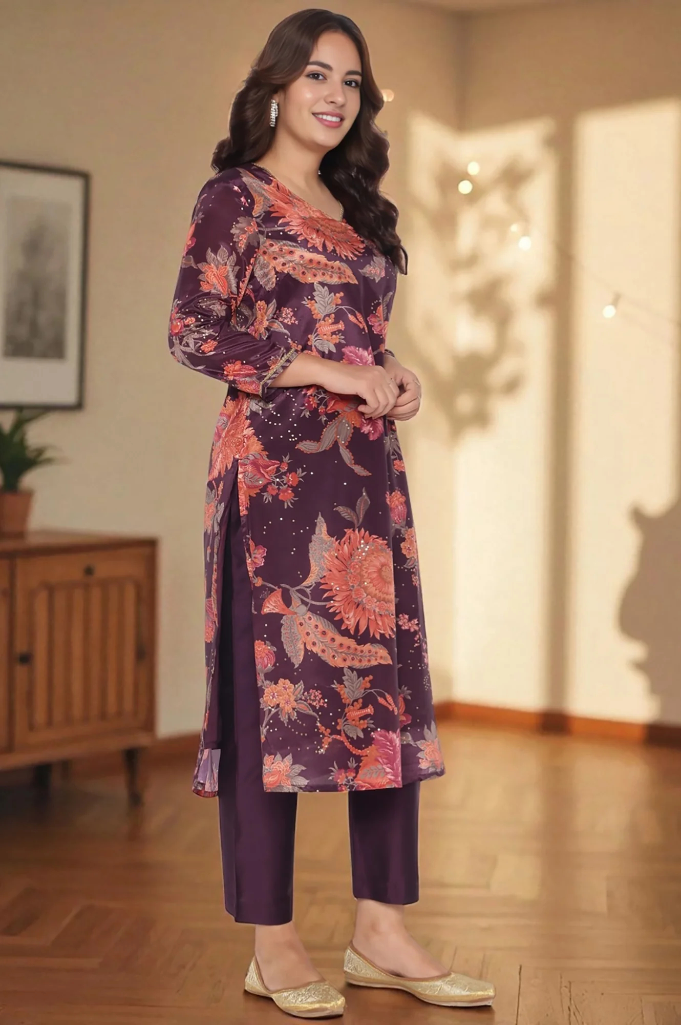 Wine Printed Chinon A-line Kurta, Straight Pant and Dupatta Set - Image 3