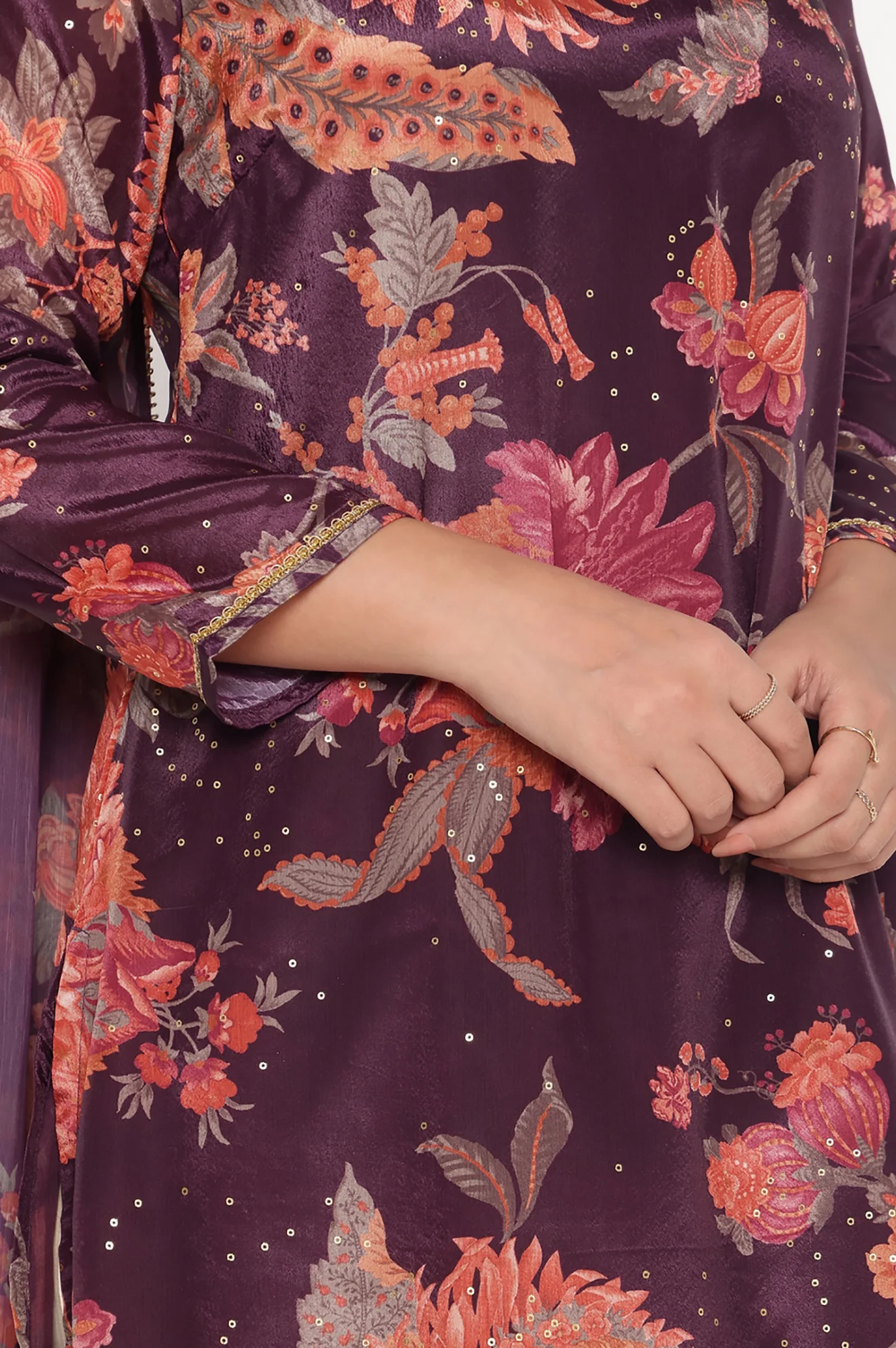 Wine Printed Chinon A-line Kurta, Straight Pant and Dupatta Set - Image 7