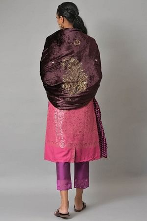Wine Velvet Embroidered Doshala Shawl - Image 3
