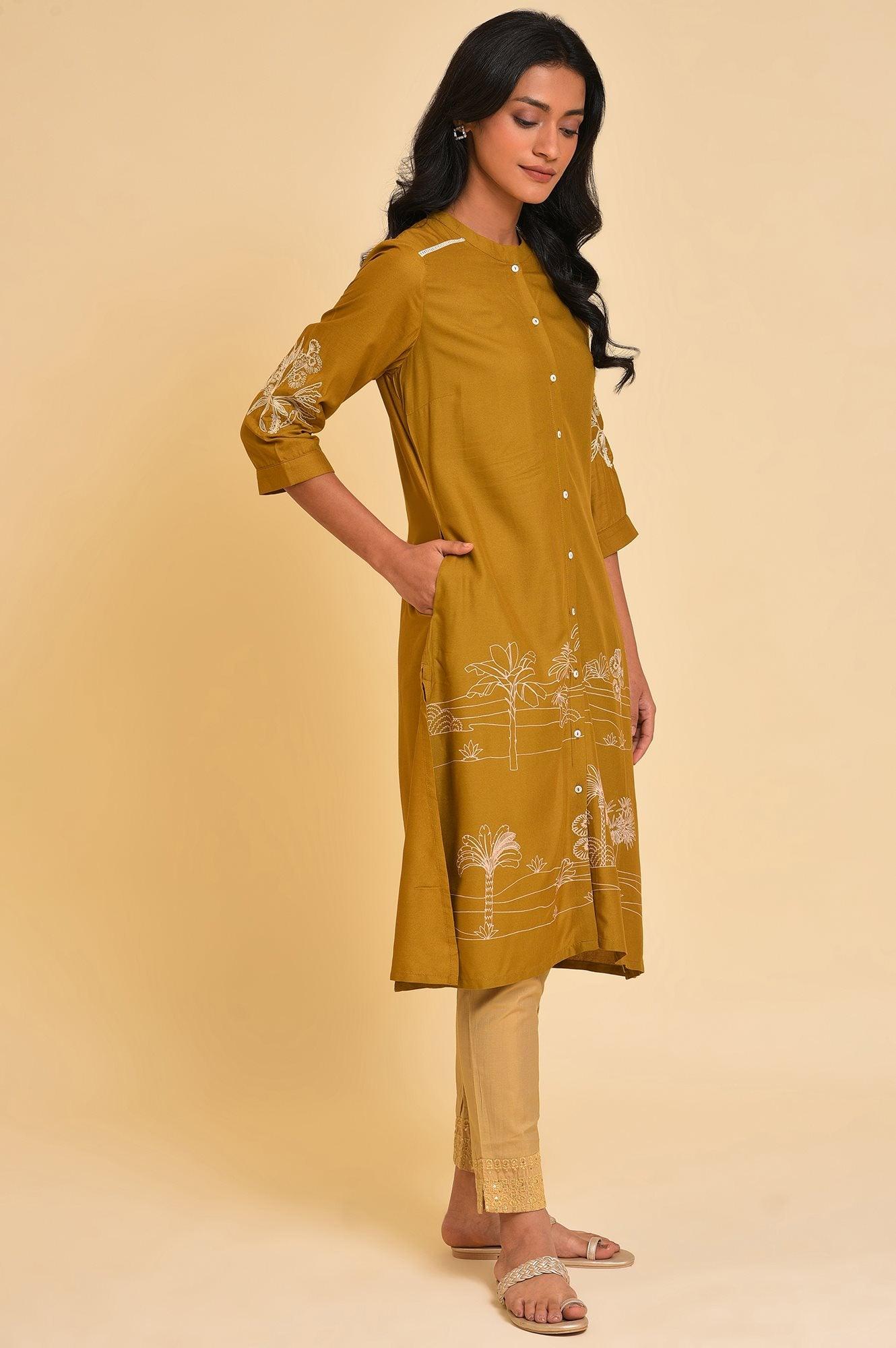 Yellow A-Line Button Down kurta - Image 4