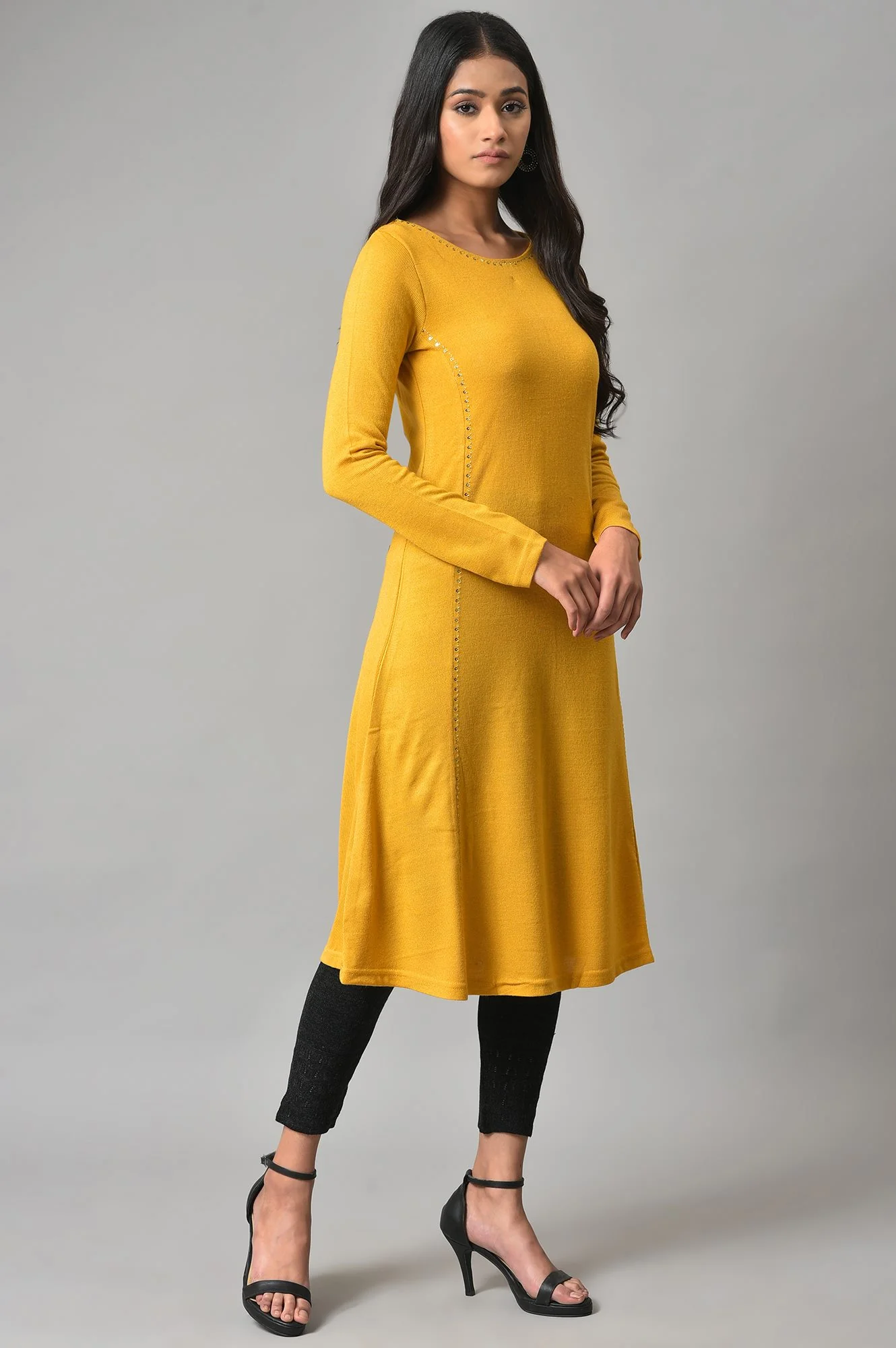 Yellow A-Line Embroidered Winter kurta - Image 4