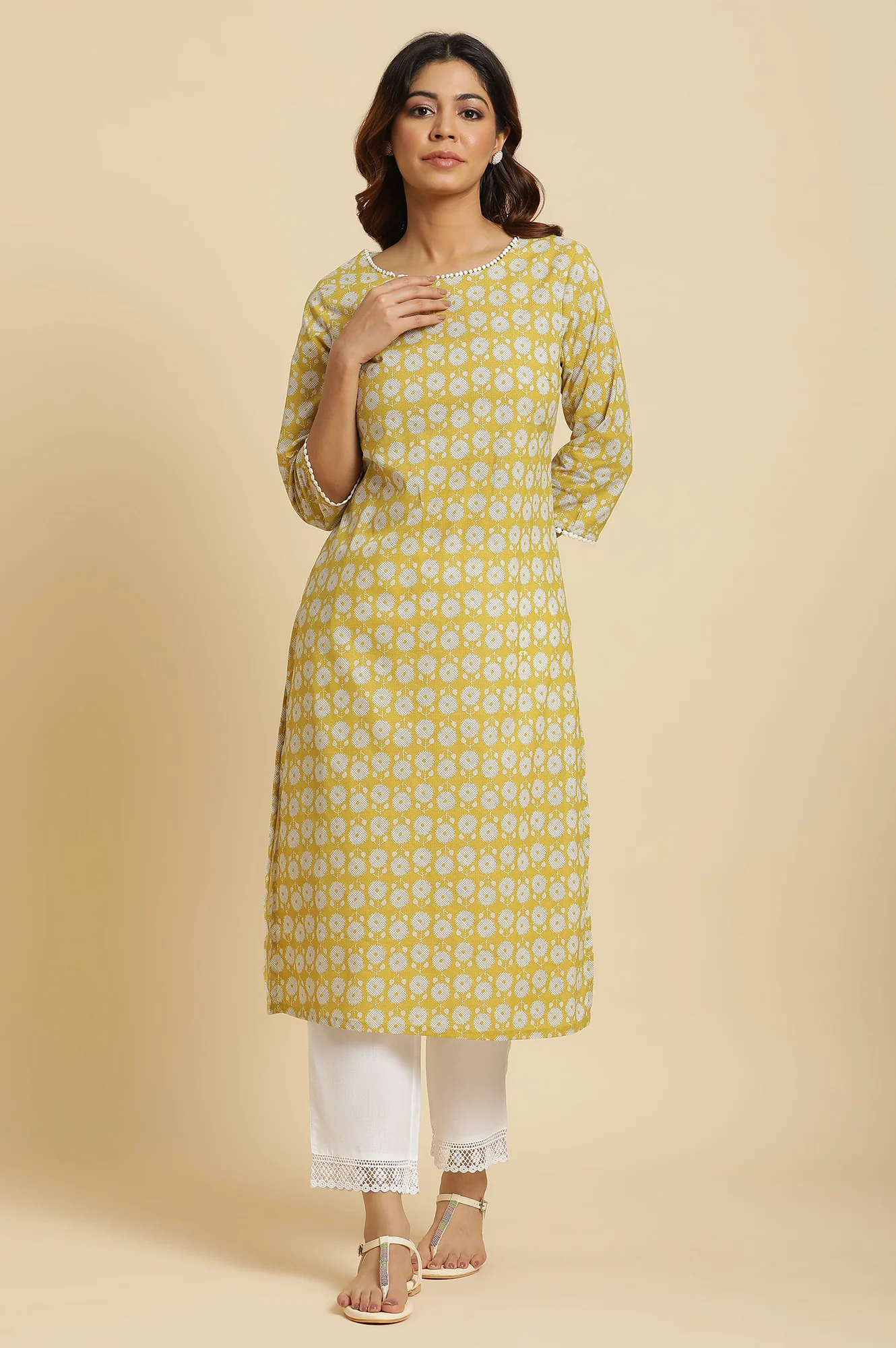 Yellow Abstract Printed Straight Kurta - Image 2