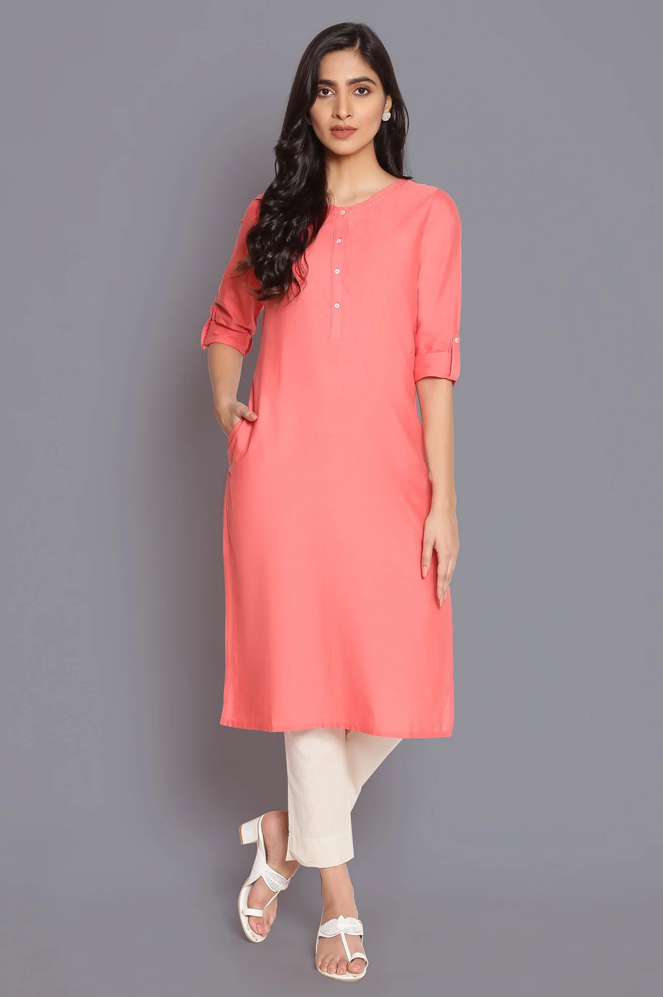 Yellow And Peach Solid Thread Work Straight Cotton Flax Kurta Combo - Image 2
